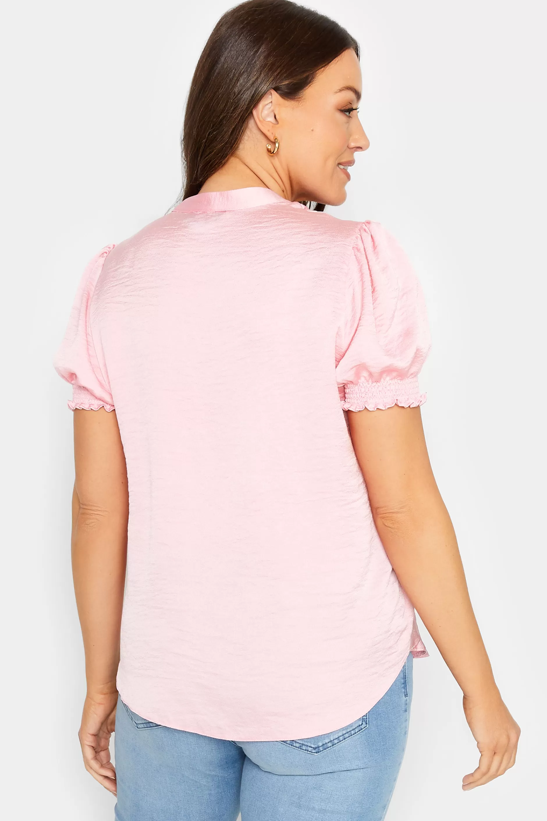 Women M&Co Short Sleeve Tops> Womens Pink Frill Satin Blouse