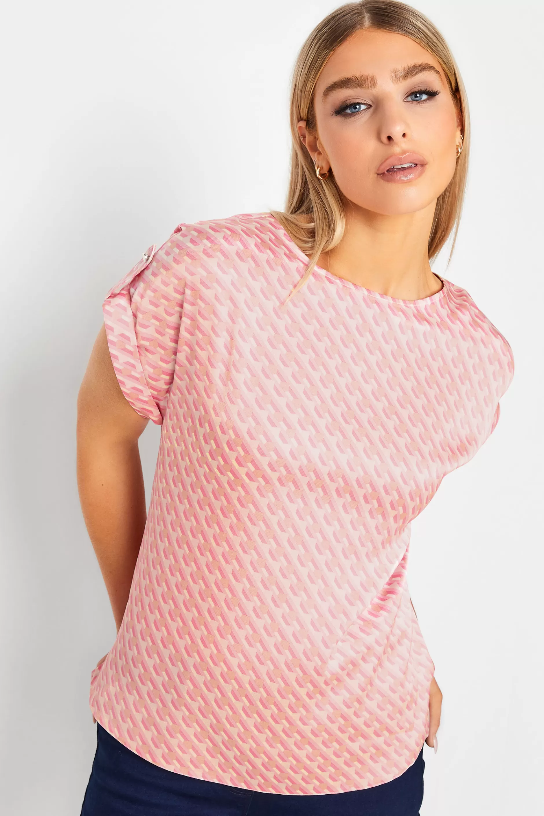 Women M&Co Short Sleeve Tops> Womens Pink Geometric Print Blouse