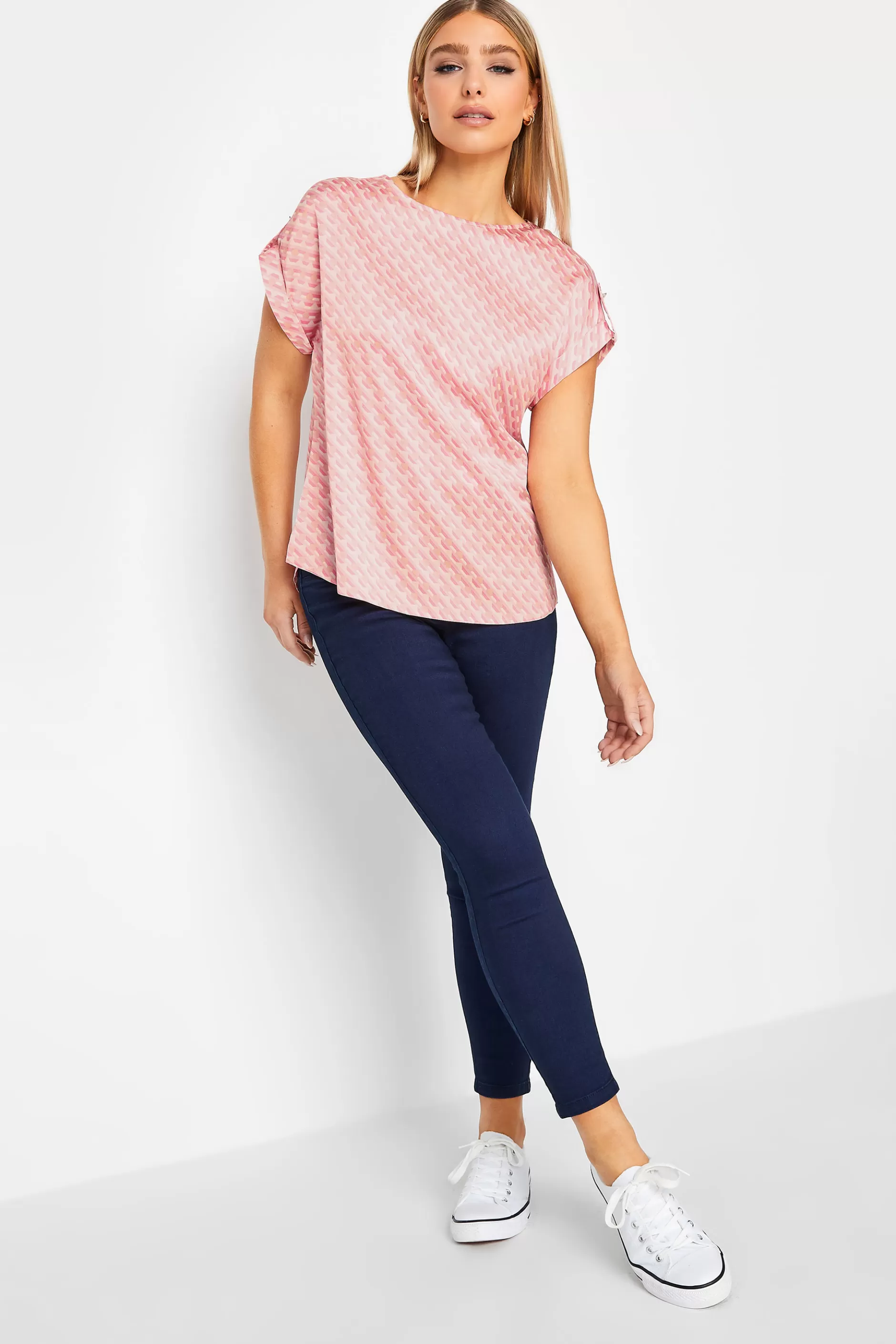 Women M&Co Short Sleeve Tops> Womens Pink Geometric Print Blouse