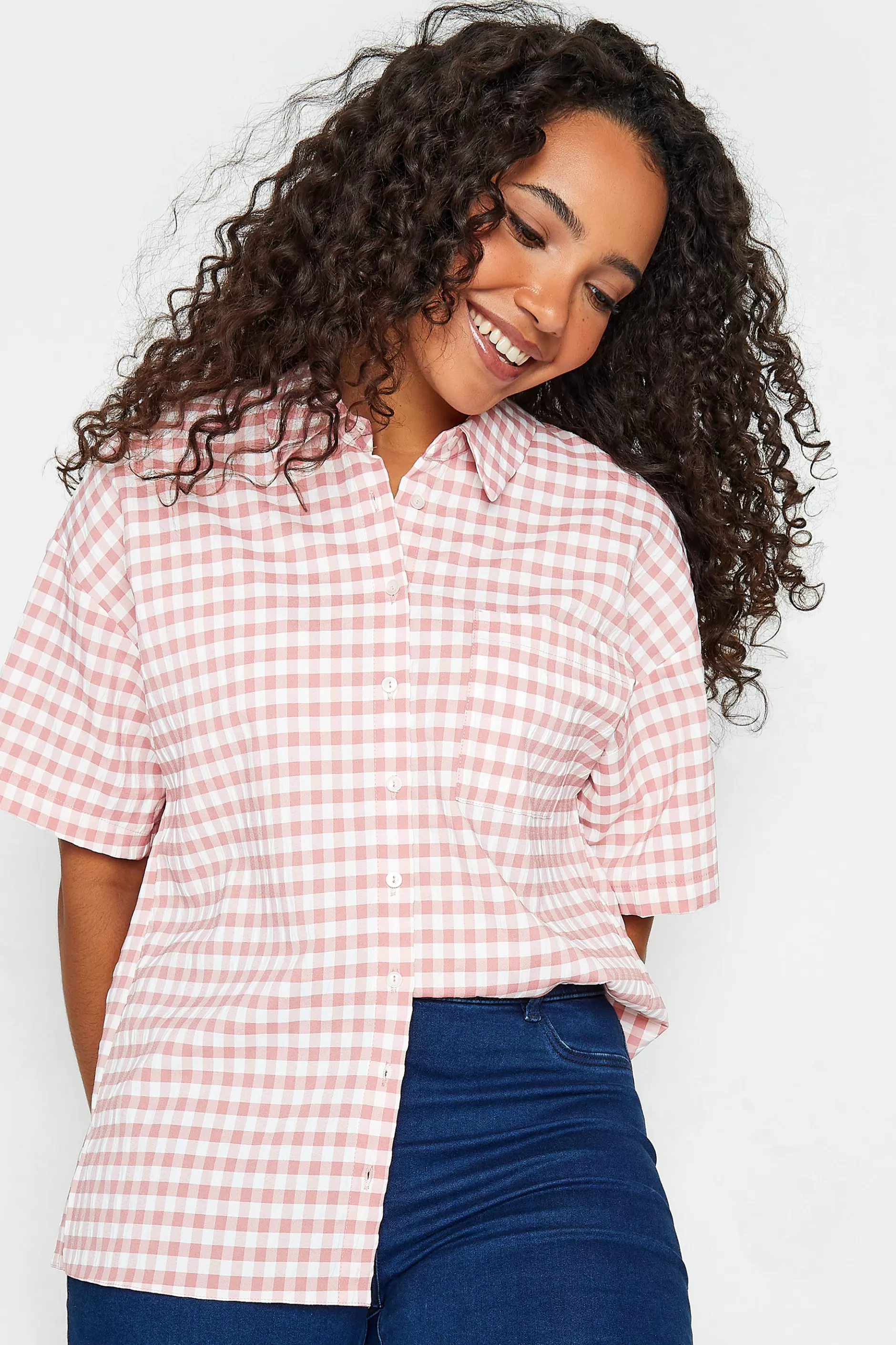 Women M&Co Short Sleeve Tops> Womens Pink Gingham Print Shirt