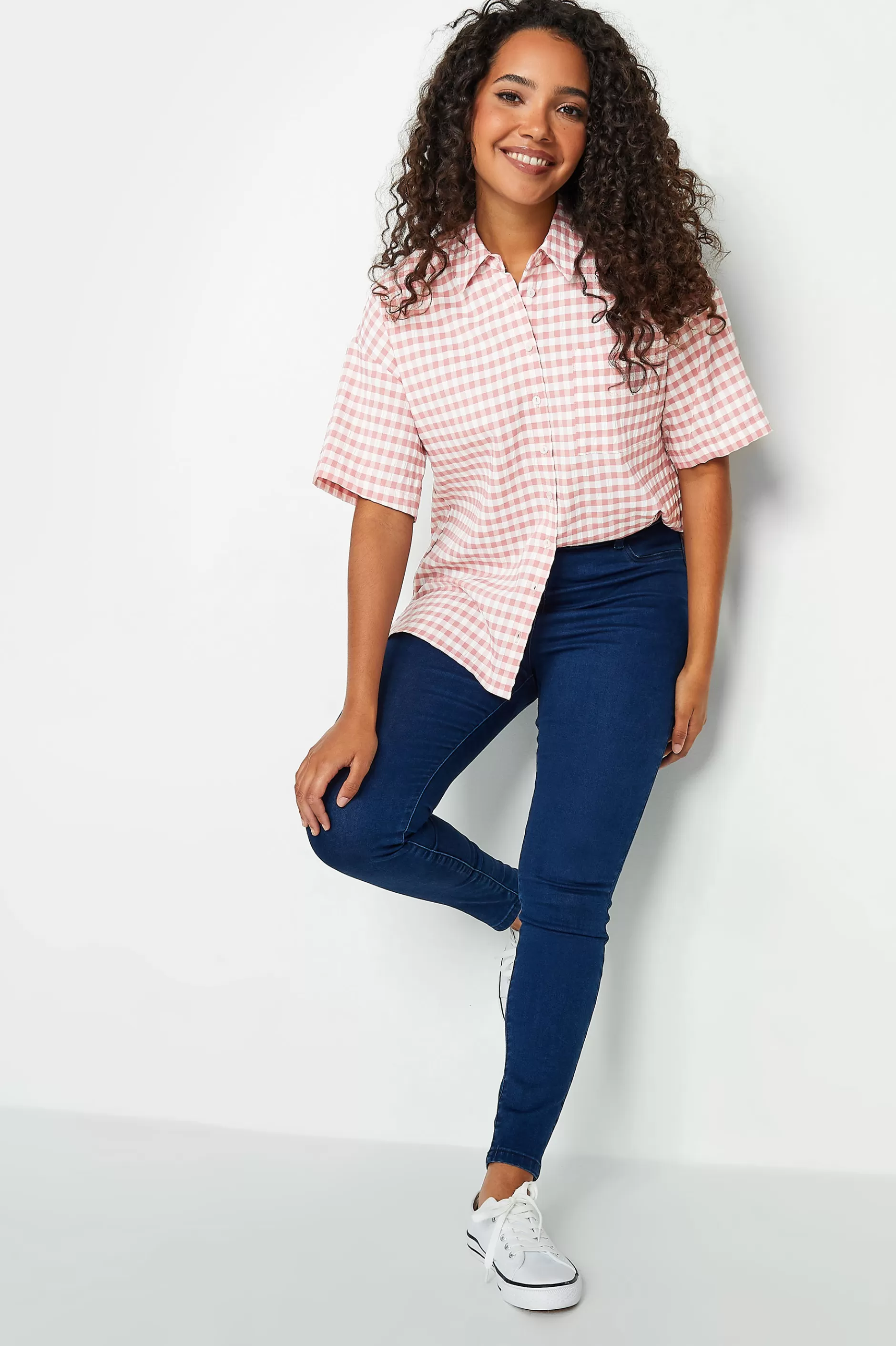 Women M&Co Short Sleeve Tops> Womens Pink Gingham Print Shirt