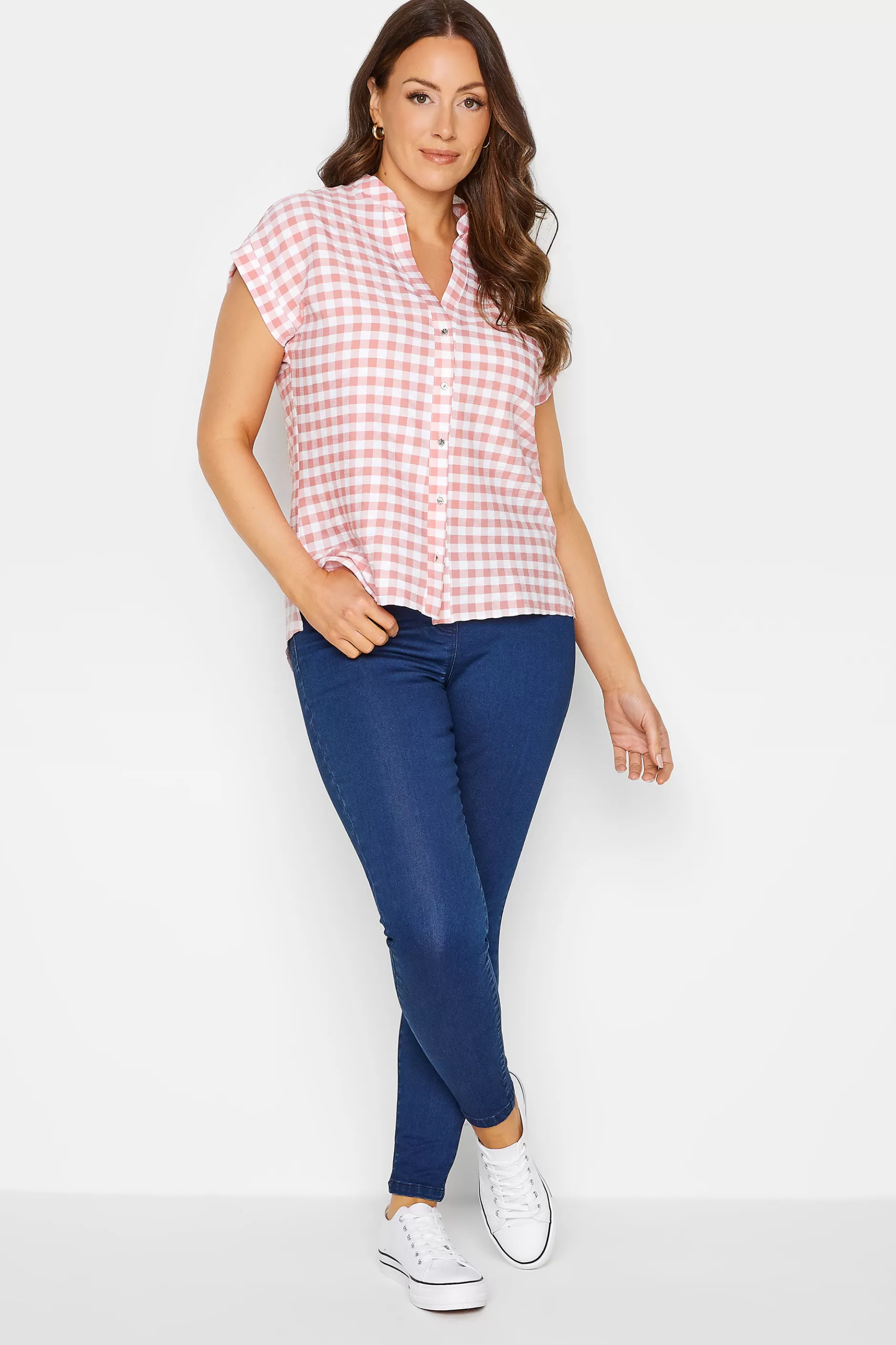 Women M&Co Short Sleeve Tops> Womens Pink Gingham Short Sleeve Shirt