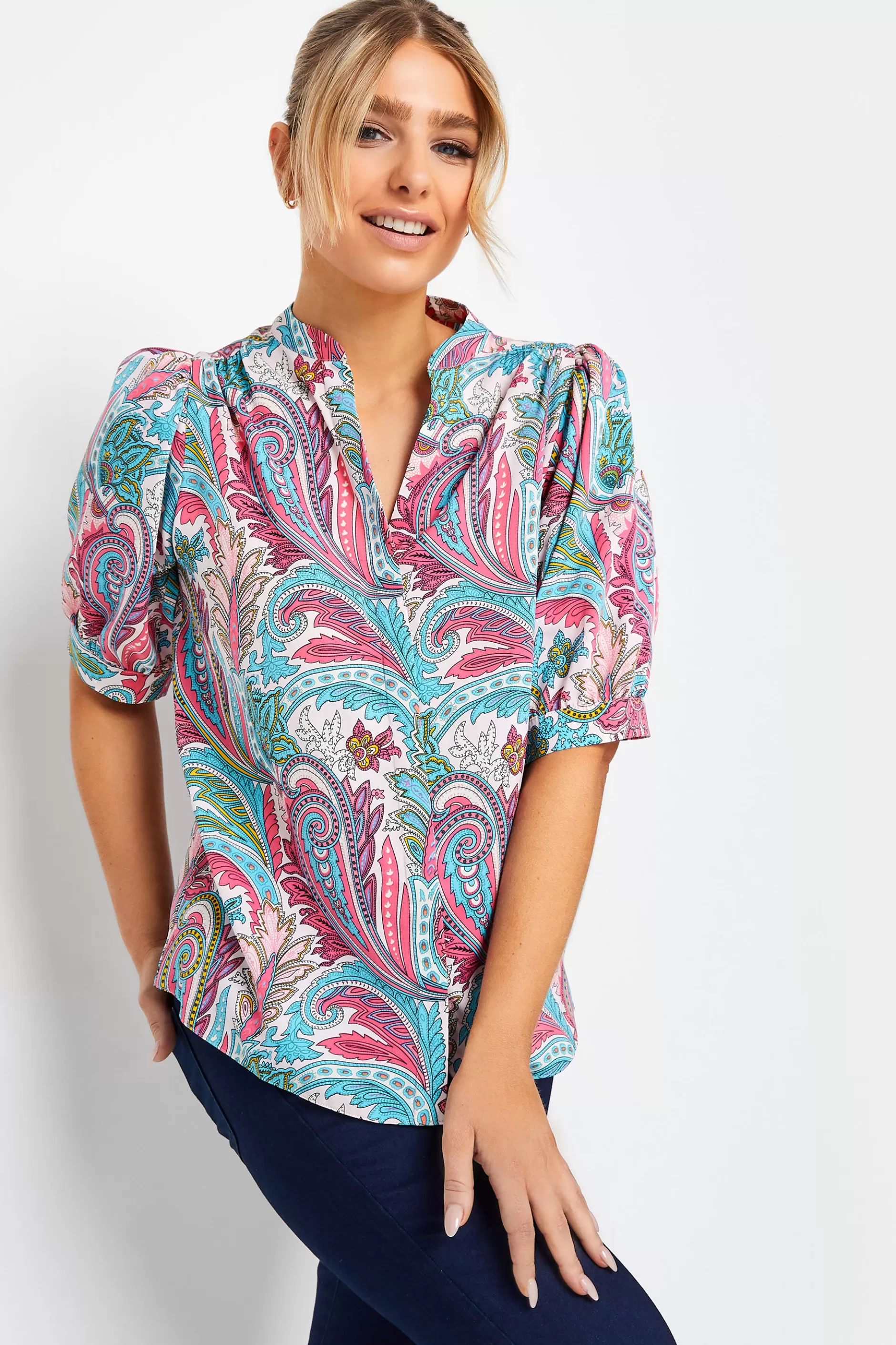 Women M&Co Short Sleeve Tops> Womens Pink Paisley Print Puff Sleeve Shirt