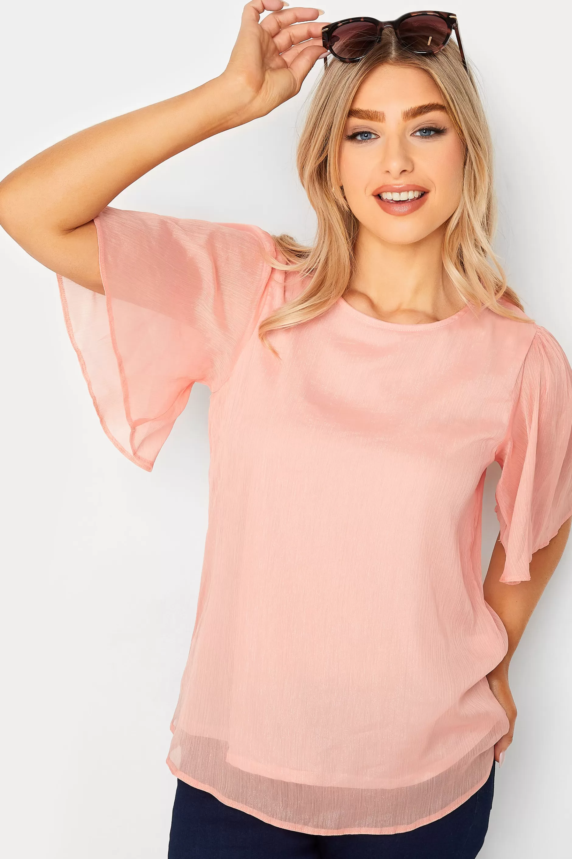 Women M&Co Blouses> Womens Pink Shimmer Angel Sleeve Blouse