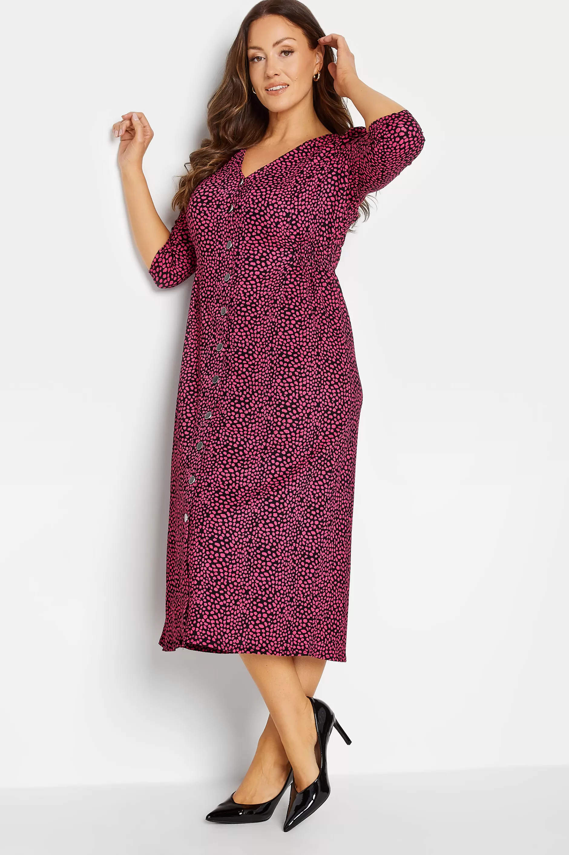 Women M&Co Wedding Guest Dresses> Womens Pink Spot Print Button Through Midi Dress