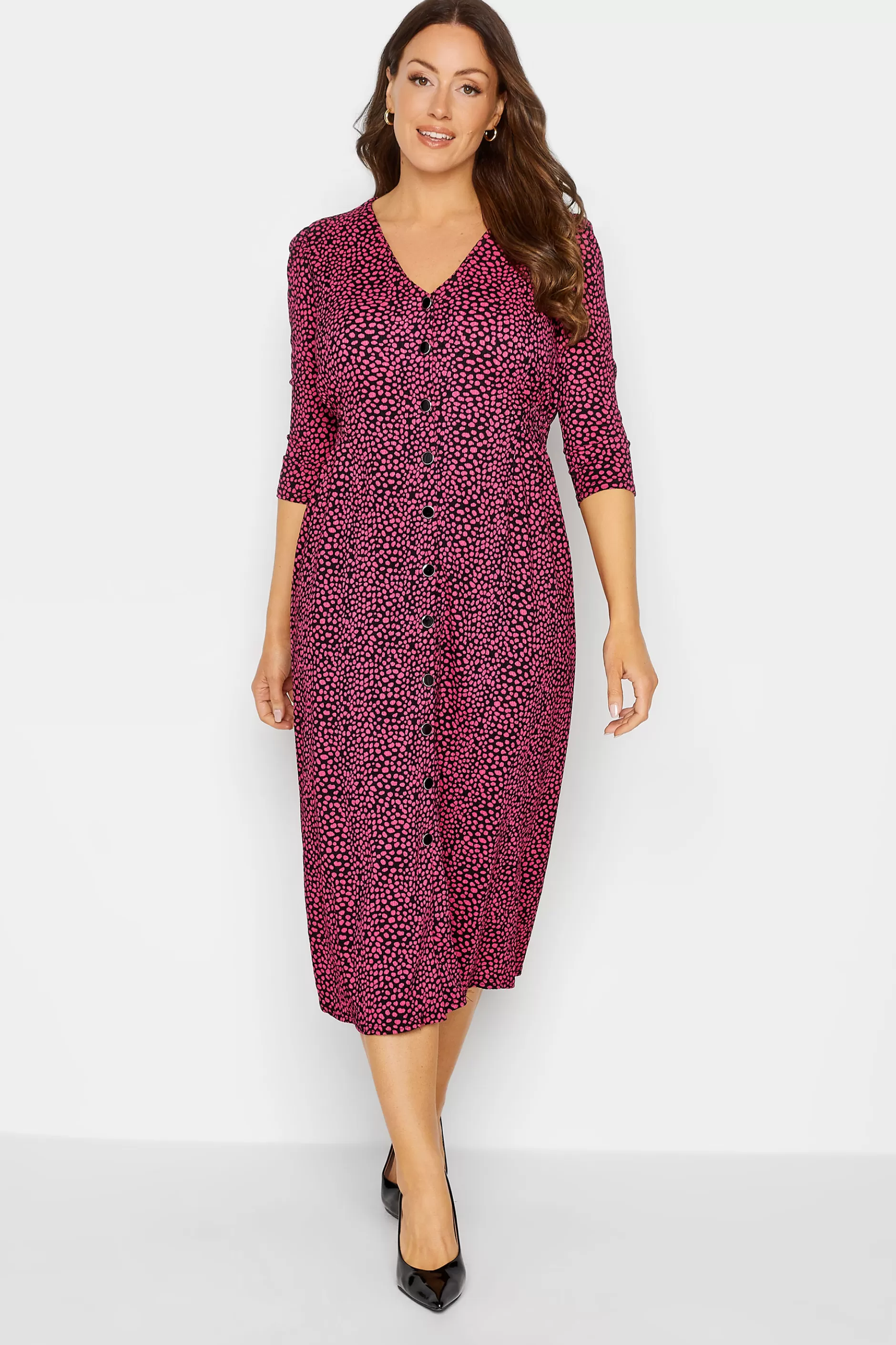 Women M&Co Wedding Guest Dresses> Womens Pink Spot Print Button Through Midi Dress
