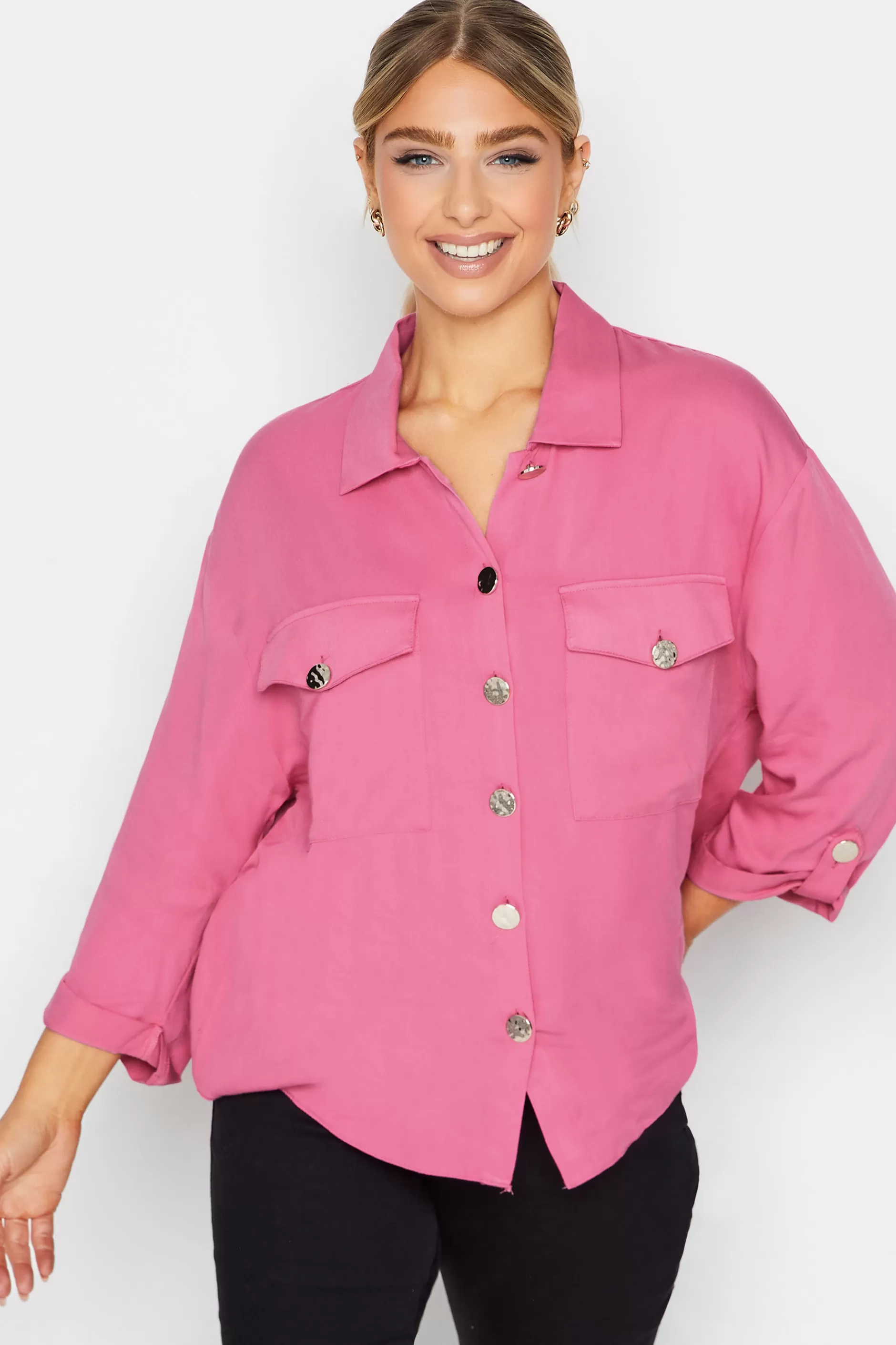 Women M&Co Shirts> Womens Pink Statement Button Shirt