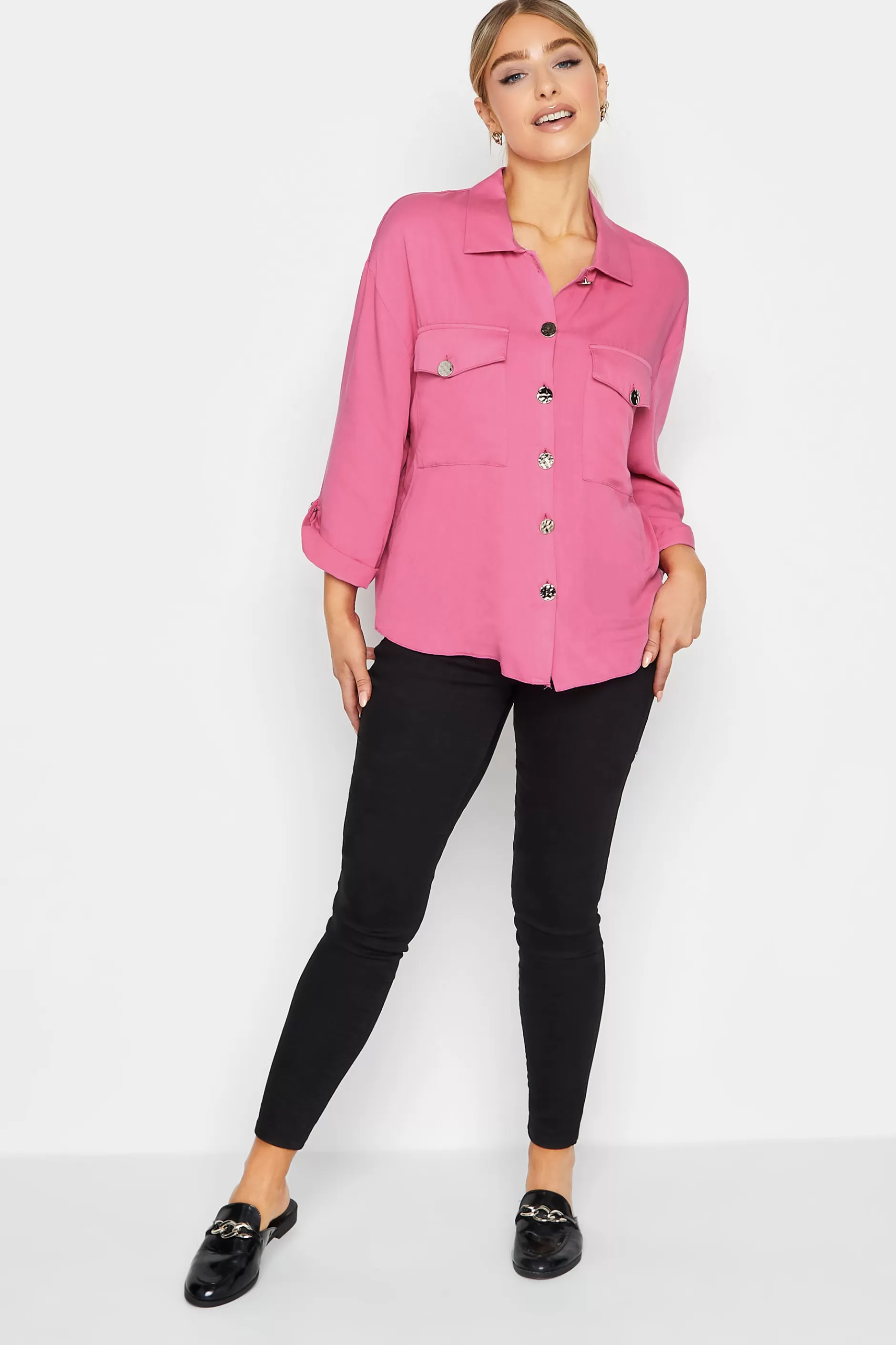 Women M&Co Shirts> Womens Pink Statement Button Shirt