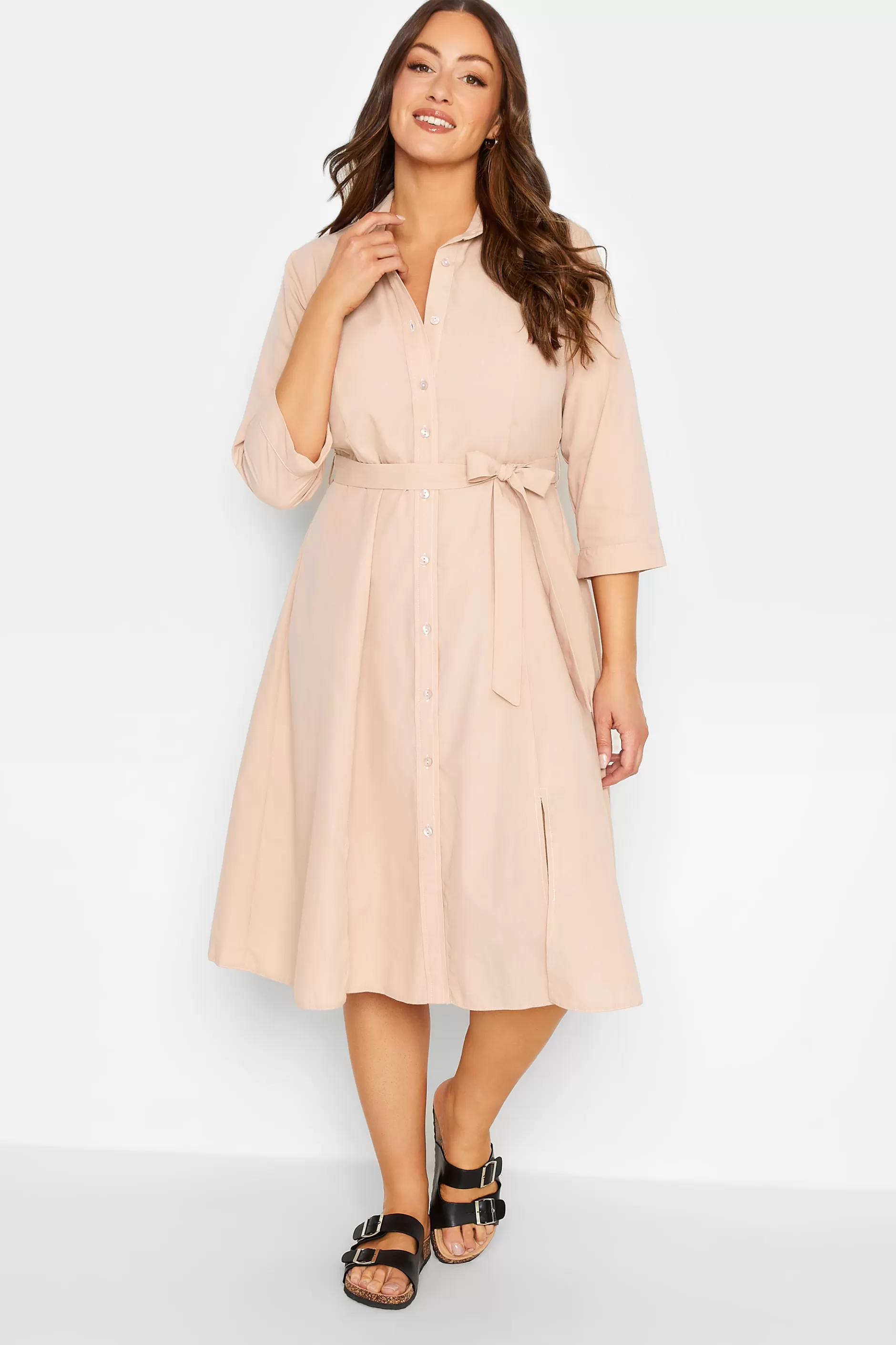 Women M&Co Shirt Dresses> Womens Pink Tie Waist Shirt Dress