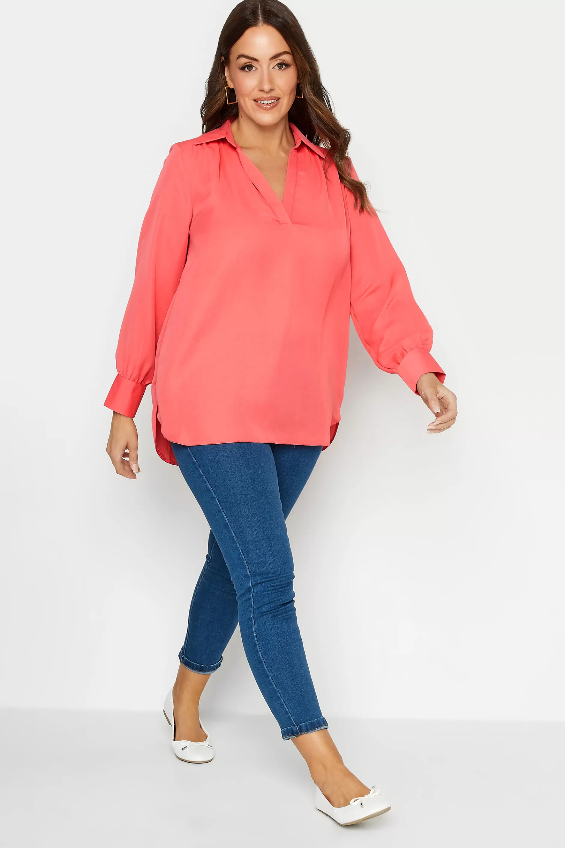 Women M&Co Long Sleeve Tops> Womens Pink V-Neck Collared Blouse