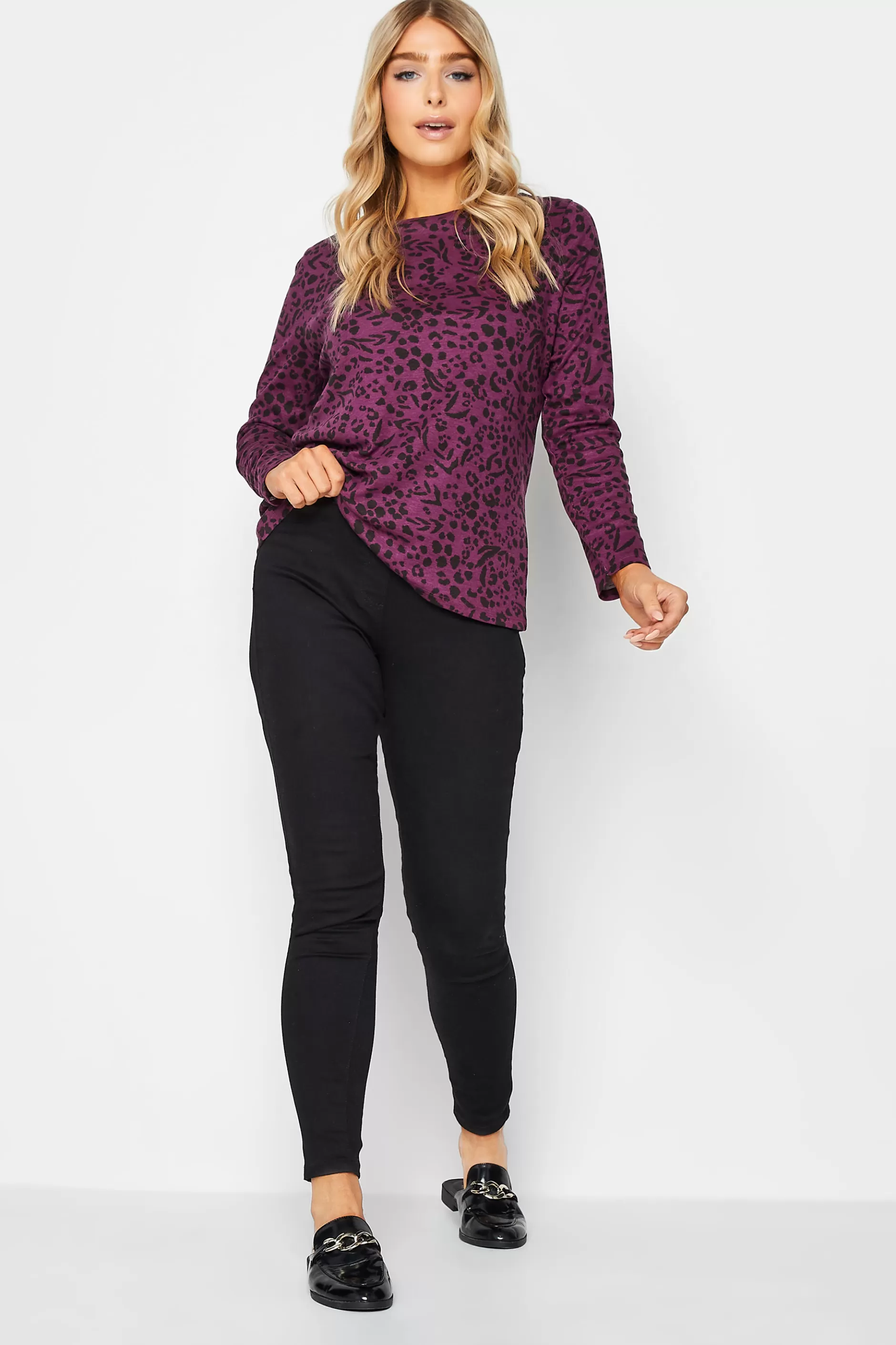 Women M&Co Long Sleeve Tops> Womens Purple Animal Print Long Sleeve Cotton Top