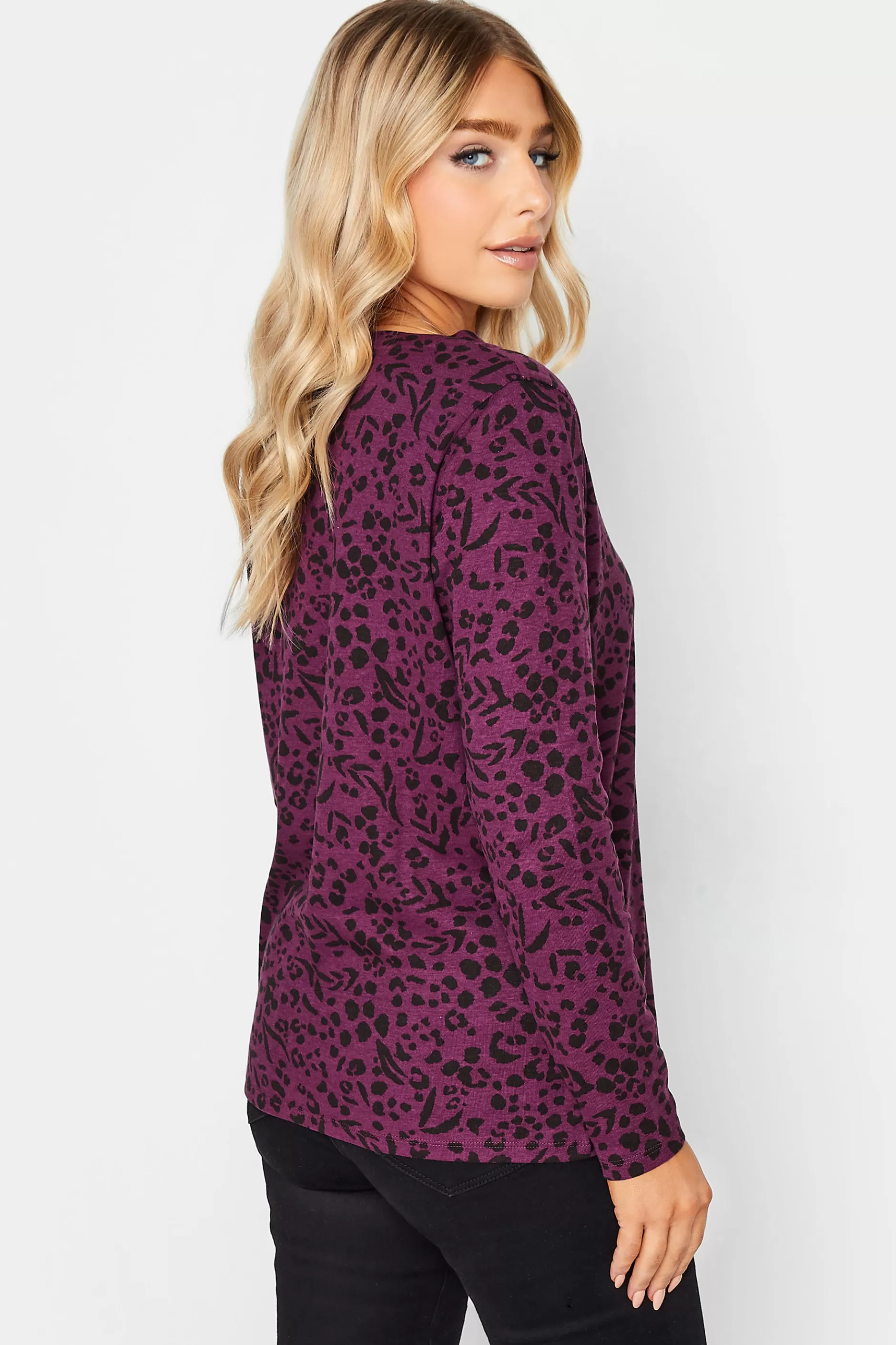 Women M&Co Long Sleeve Tops> Womens Purple Animal Print Long Sleeve Cotton Top