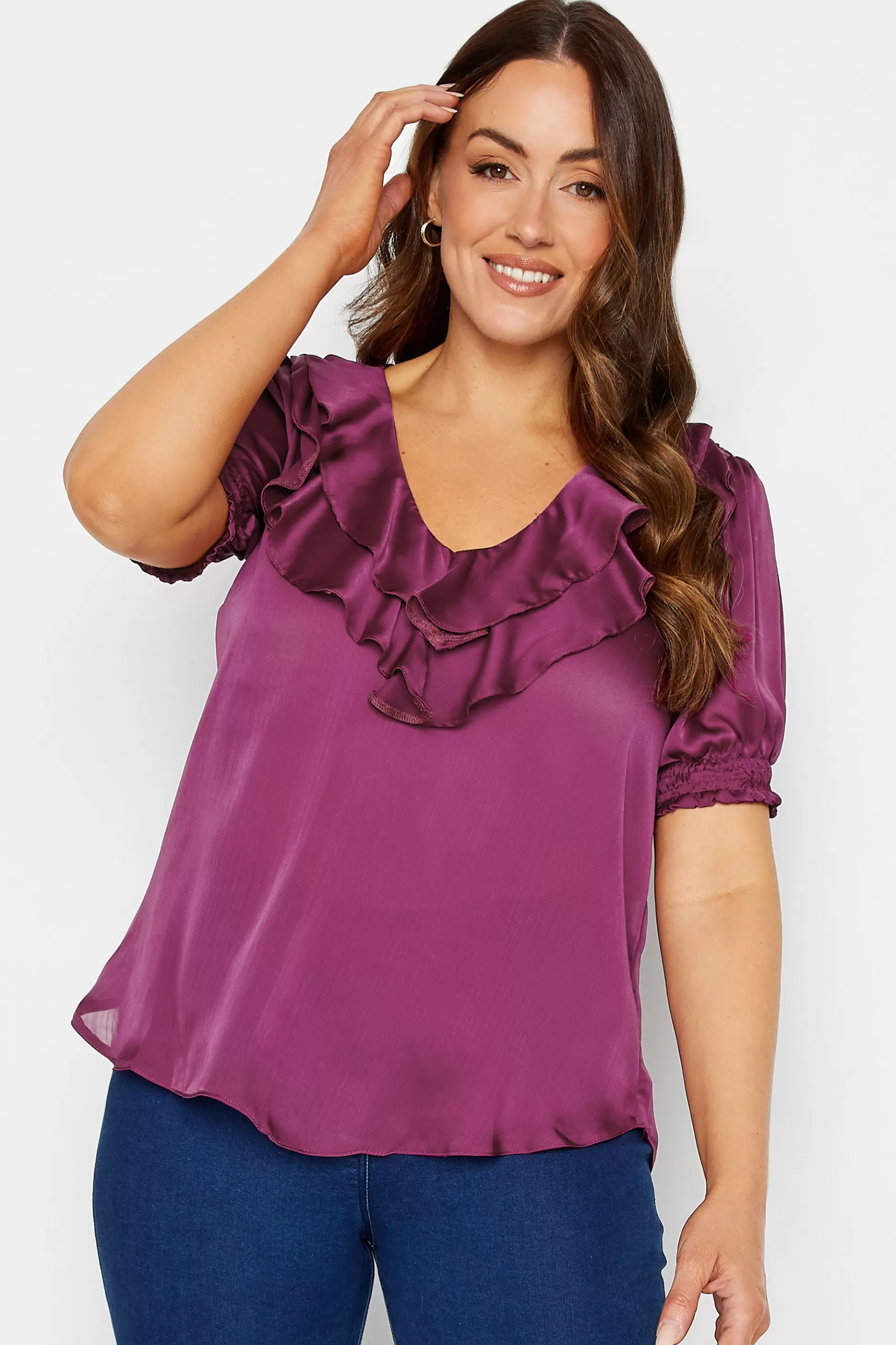 Women M&Co Short Sleeve Tops> Womens Purple Frill Front Satin Blouse