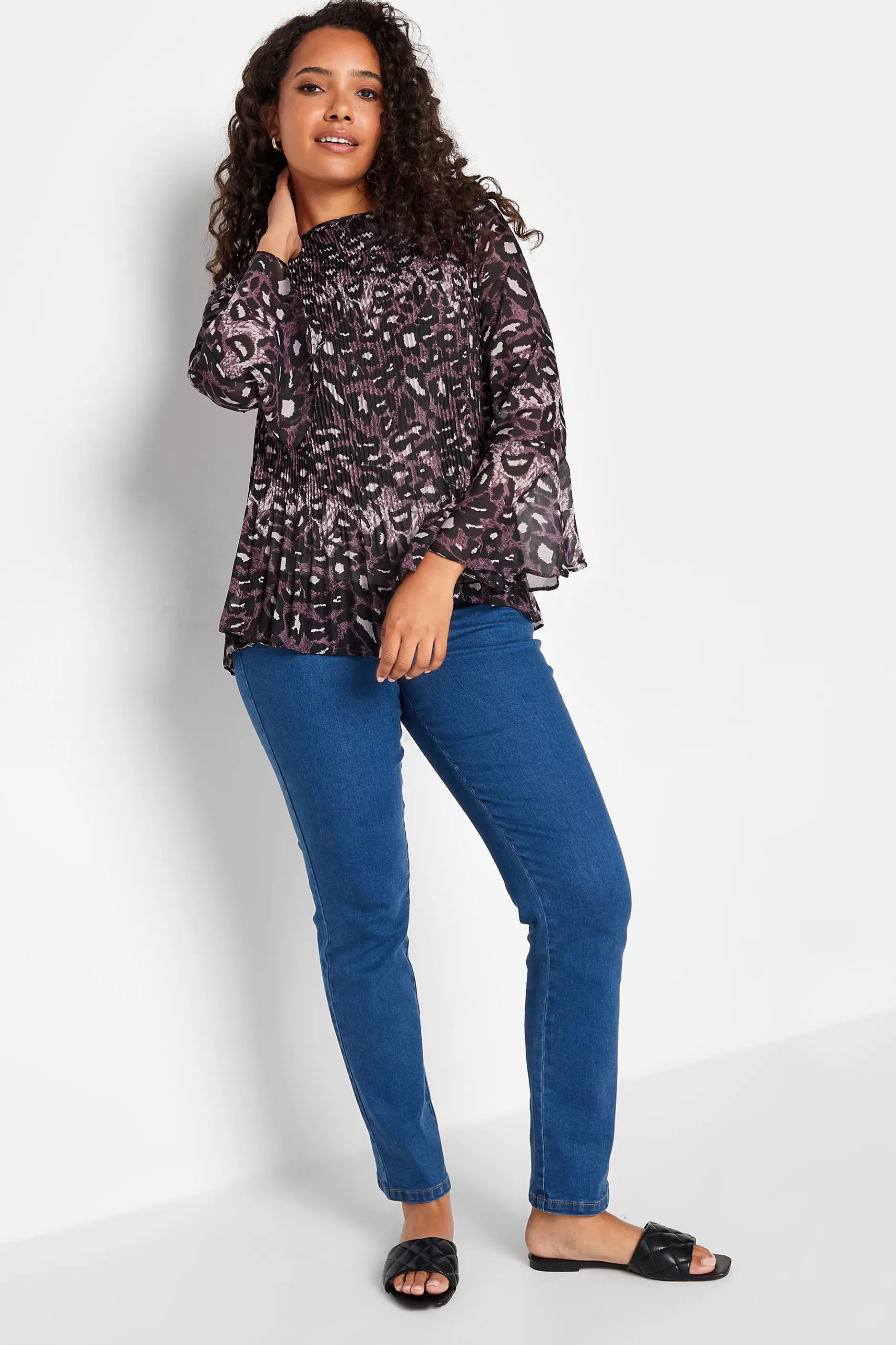 Women M&Co Long Sleeve Tops> Womens Purple Leopard Print Pleat Blouse