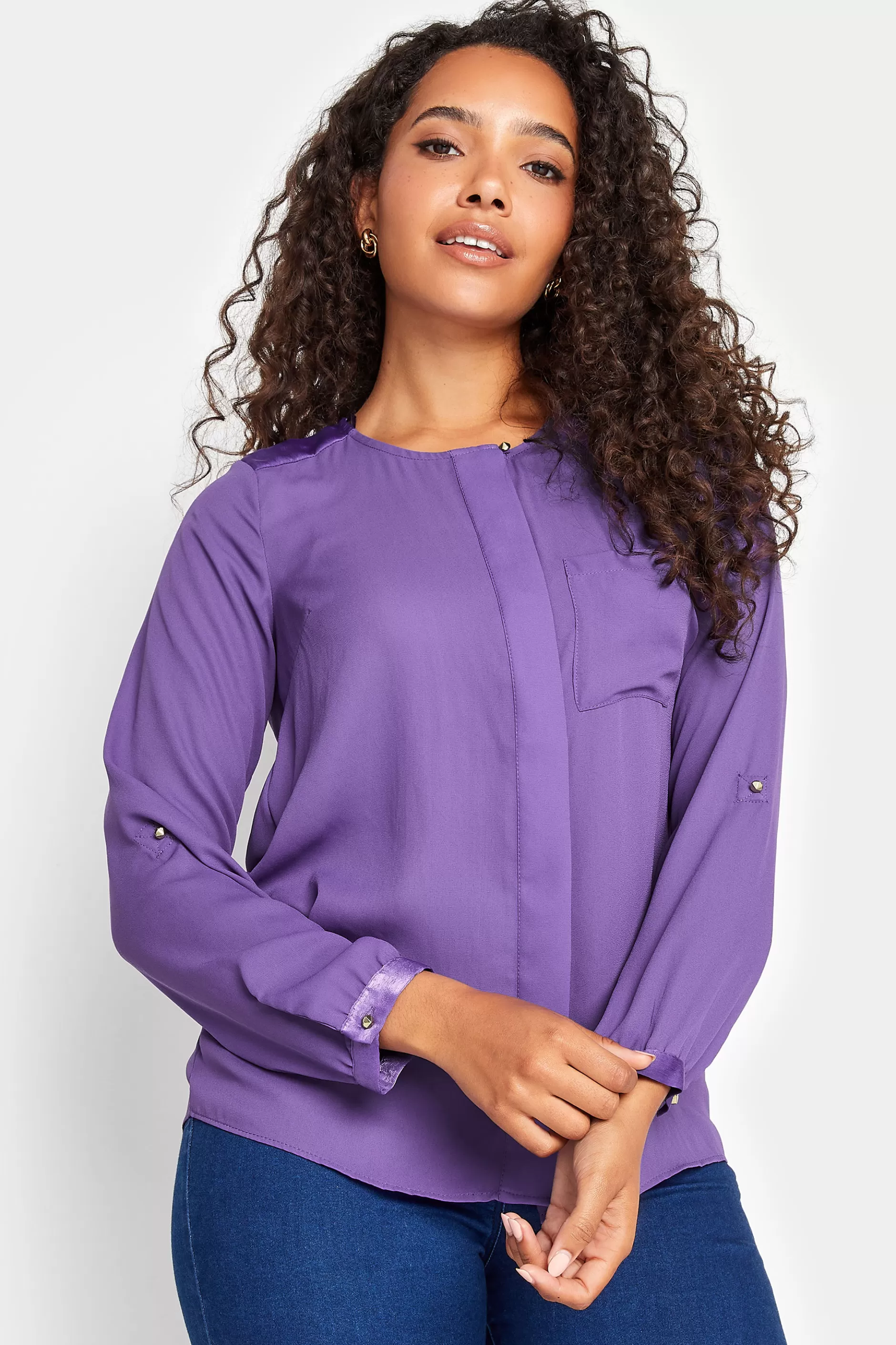 Women M&Co Shirts> Womens Purple Satin Contrast Panel Shirt