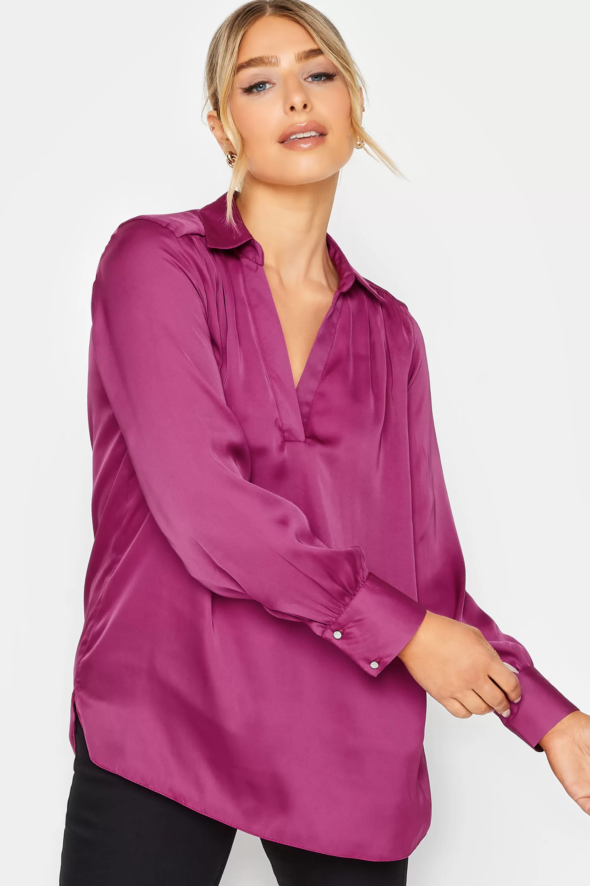 Women M&Co Shirts> Womens Purple Satin V-Neck Blouse