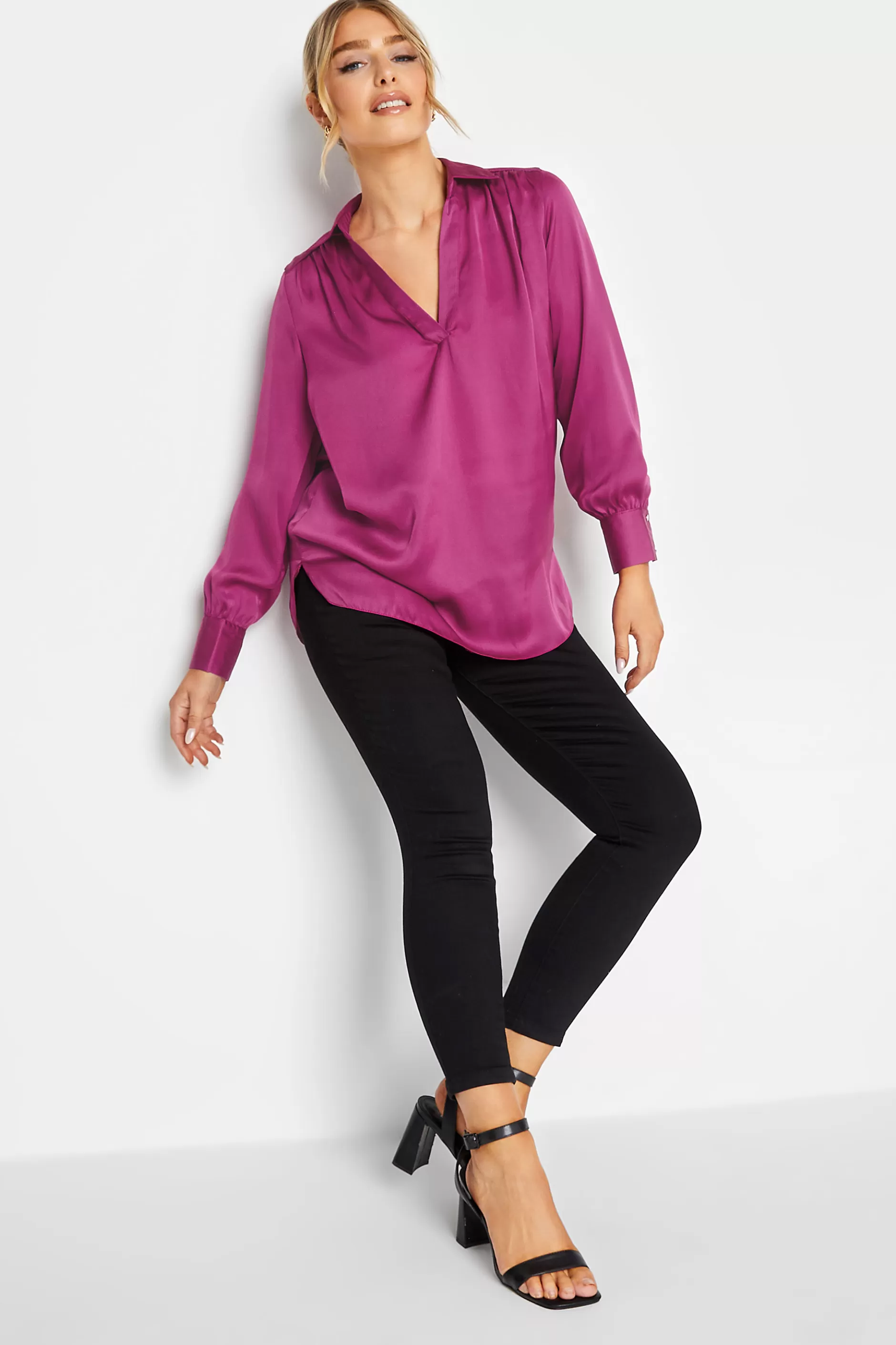 Women M&Co Shirts> Womens Purple Satin V-Neck Blouse