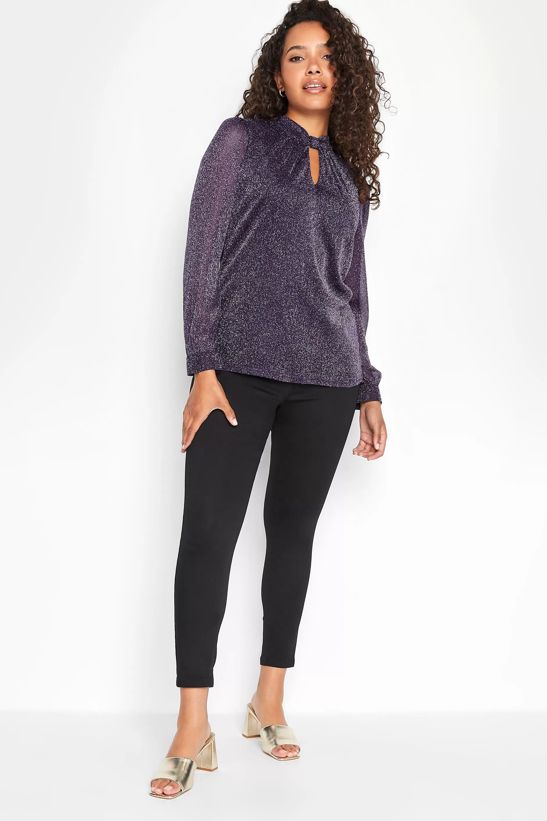 Women M&Co Long Sleeve Tops> Womens Purple Shimmer Keyhole Blouse