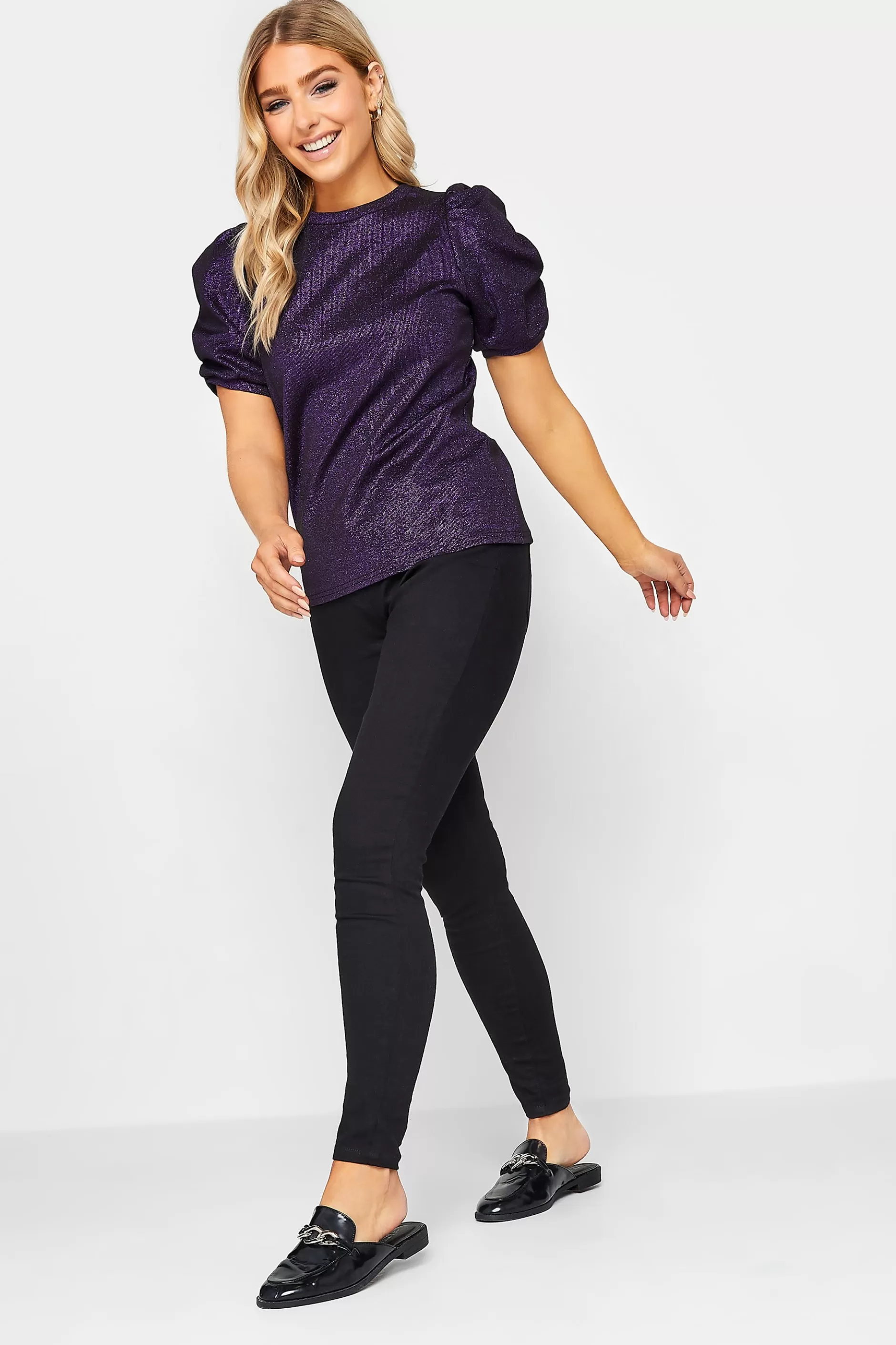 Women M&Co Blouses> Womens Purple Shimmer Ruched Sleeve Blouse