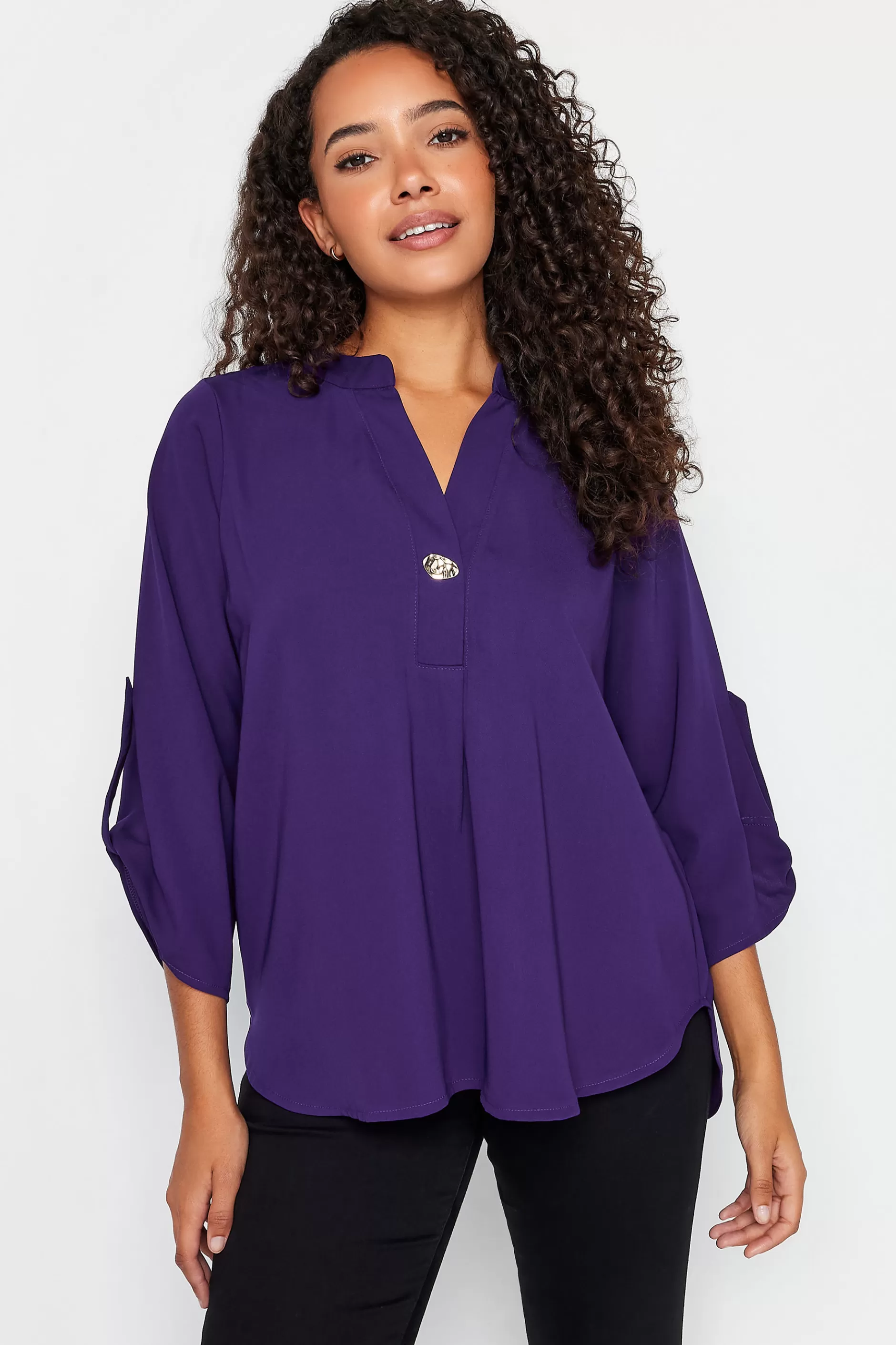 Women M&Co Shirts> Womens Purple Statement Button Tab Sleeve Shirt