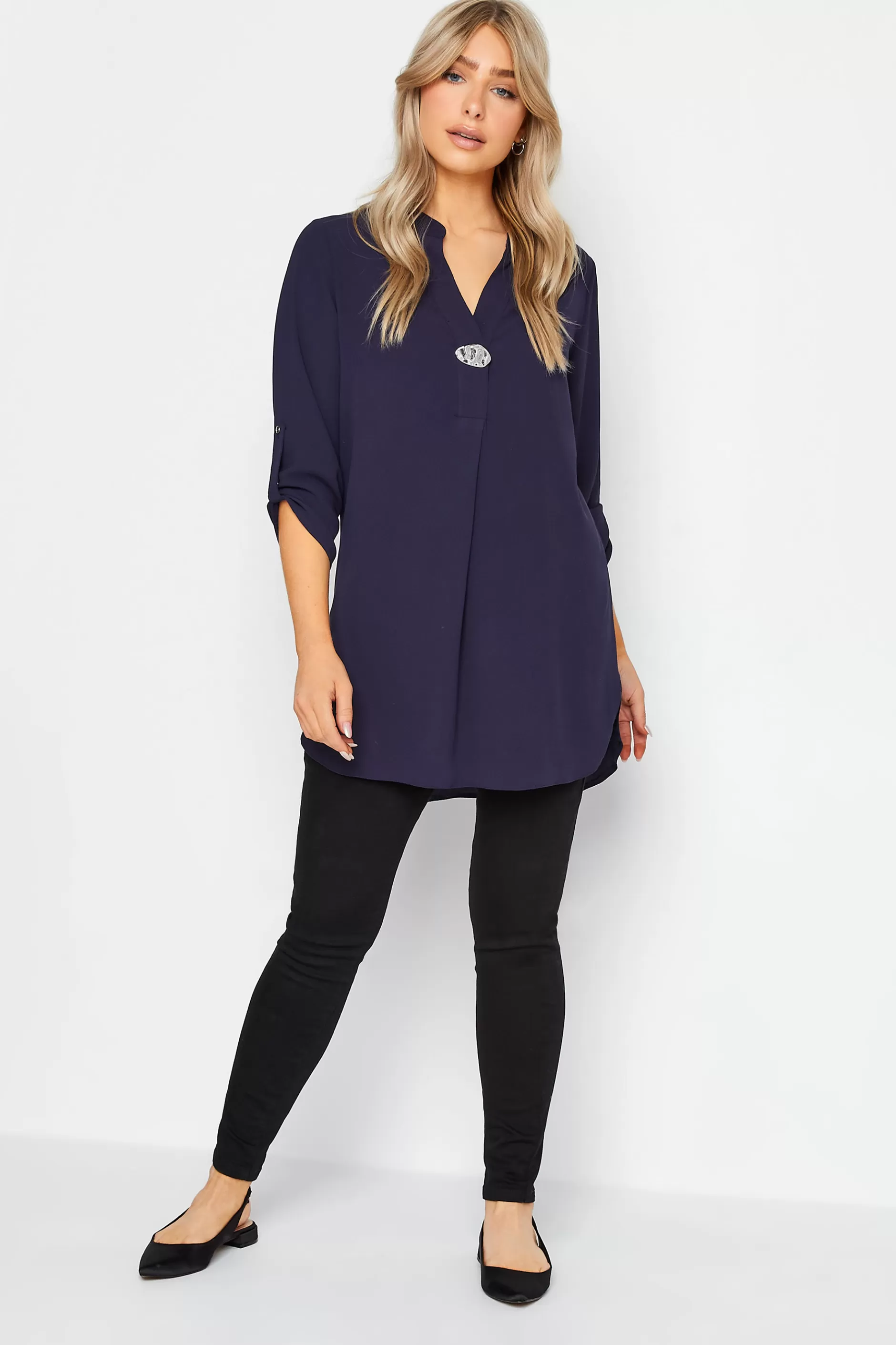 Women M&Co Shirts> Womens Purple Statement Button Tab Sleeve Shirt