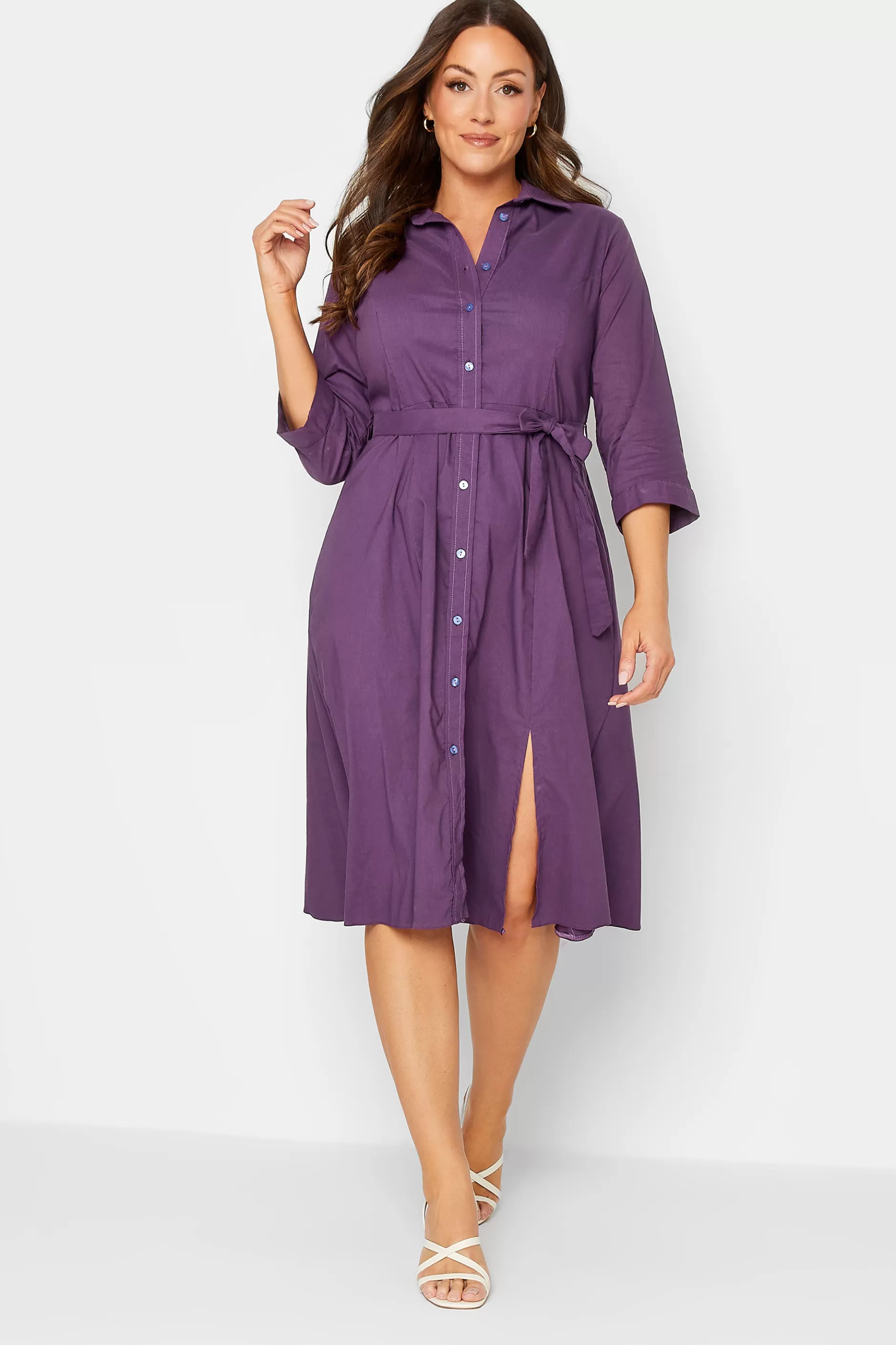 Women M&Co Shirt Dresses> Womens Purple Tie Waist Shirt Dress