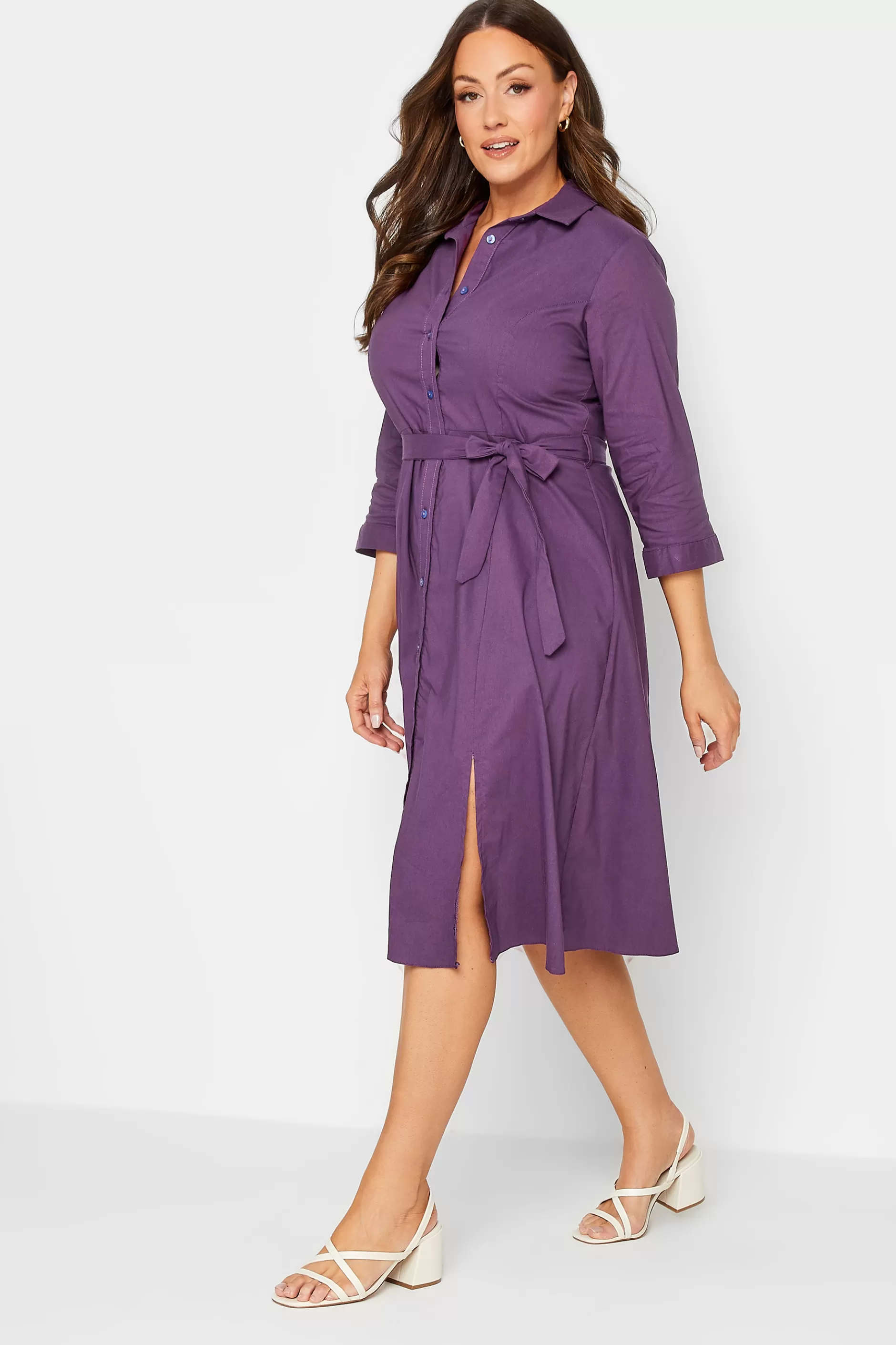 Women M&Co Shirt Dresses> Womens Purple Tie Waist Shirt Dress