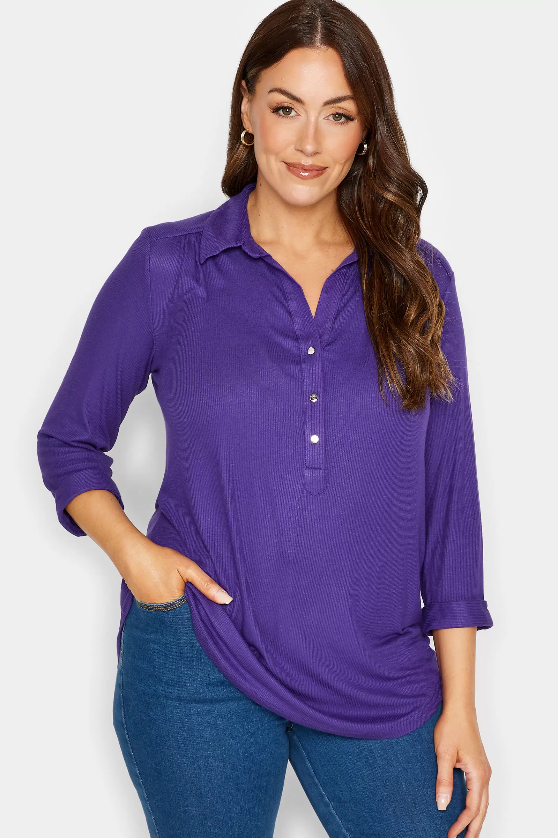 Women M&Co Shirts> Womens Purple V-Neck Half Placket Shirt