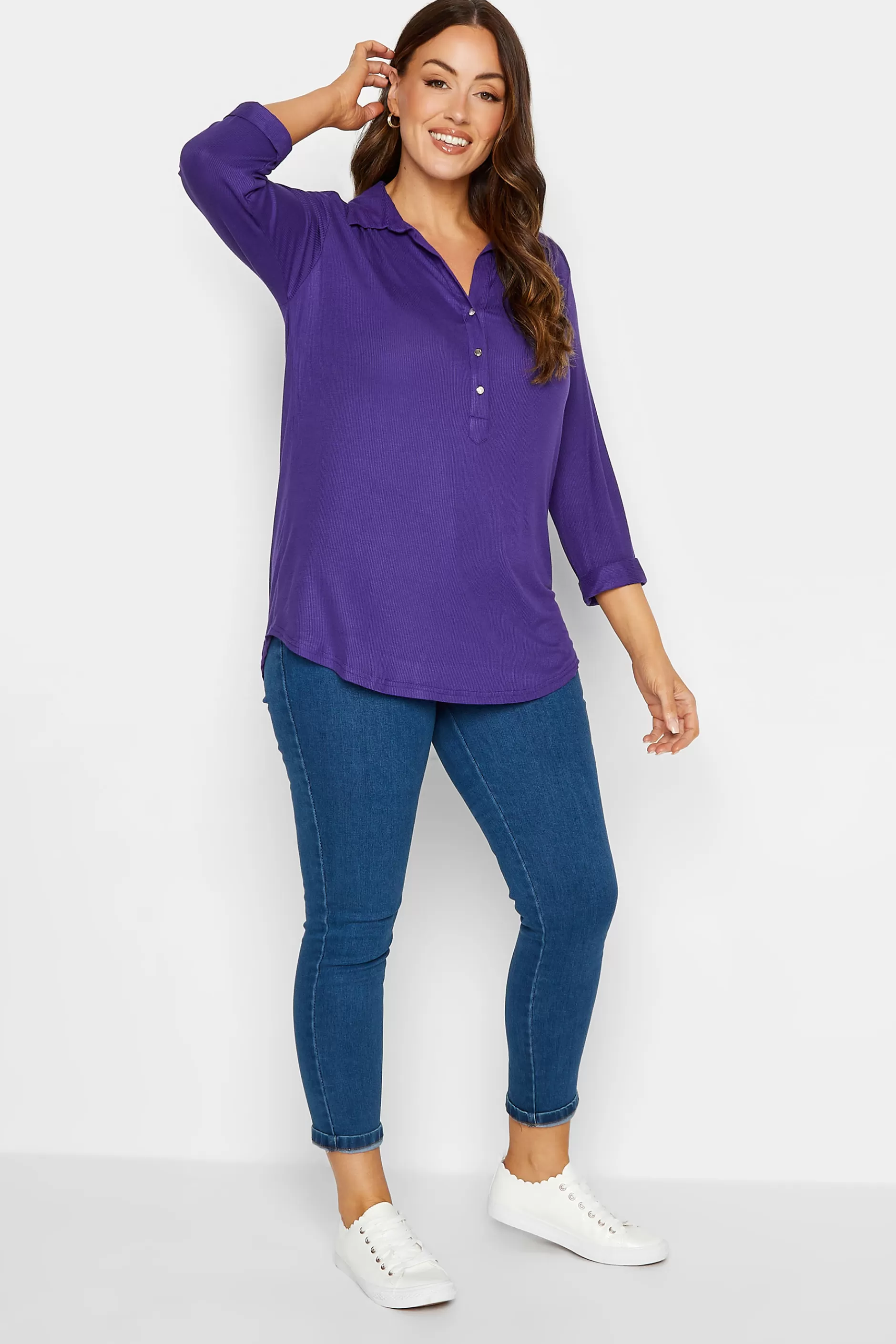 Women M&Co Shirts> Womens Purple V-Neck Half Placket Shirt