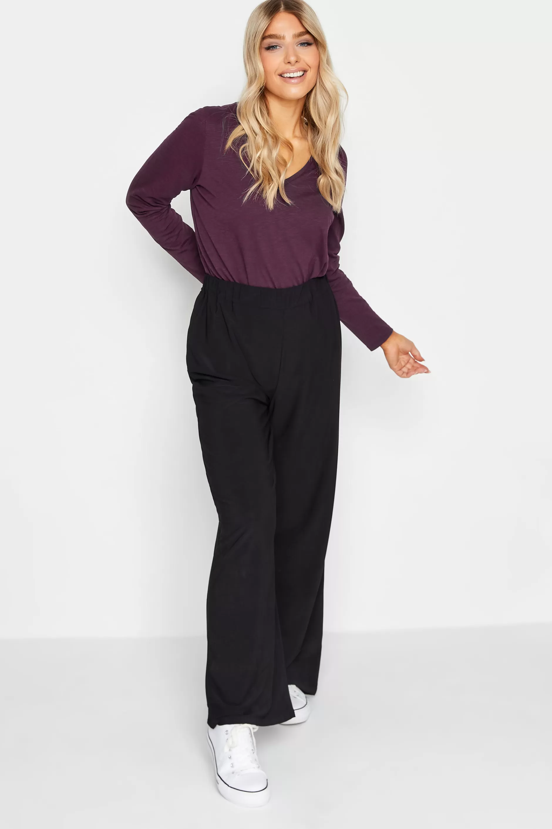 Women M&Co T-Shirts> Womens Purple V-Neck Long Sleeve Cotton Blend T-Shirt
