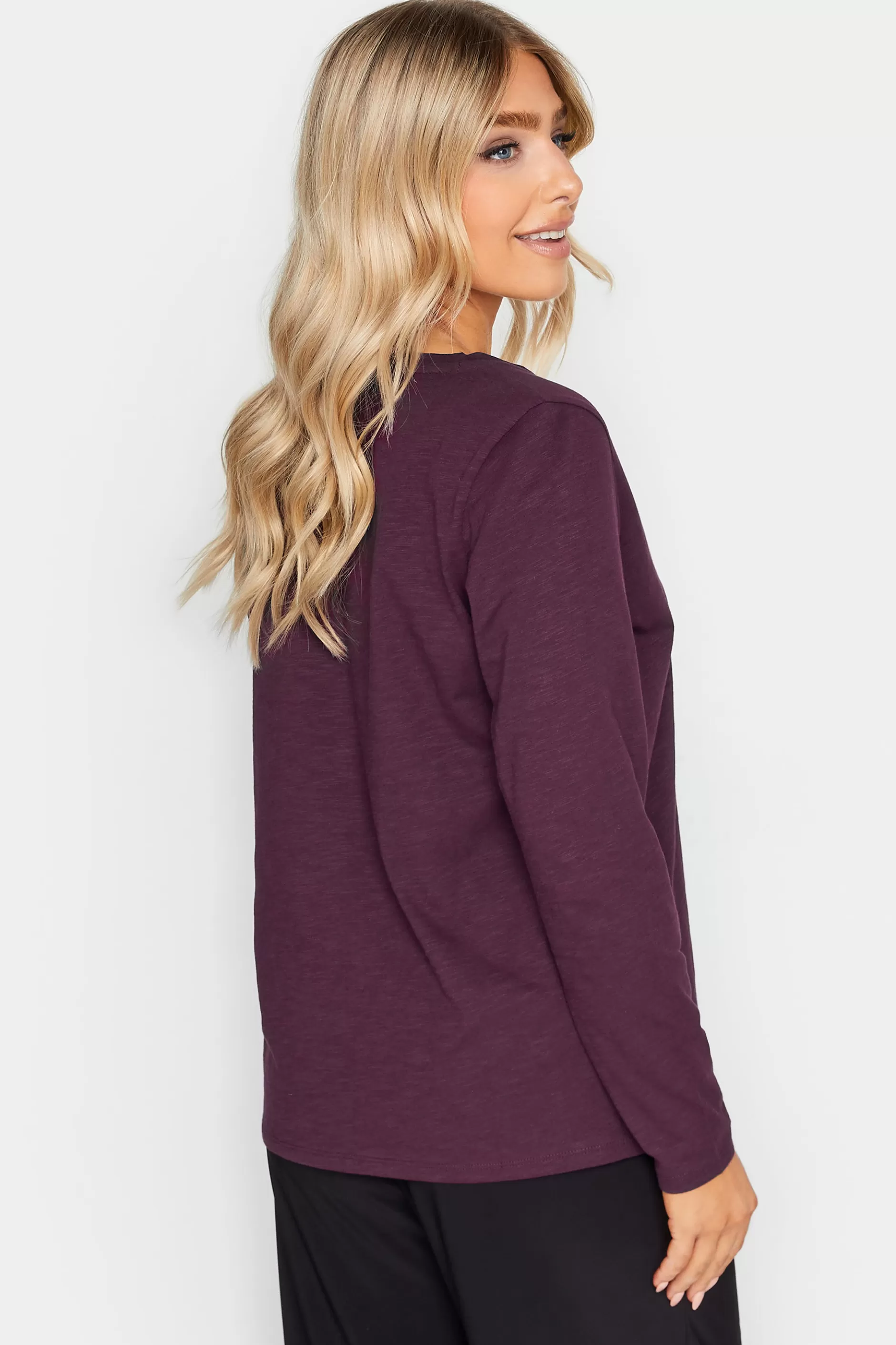 Women M&Co T-Shirts> Womens Purple V-Neck Long Sleeve Cotton Blend T-Shirt