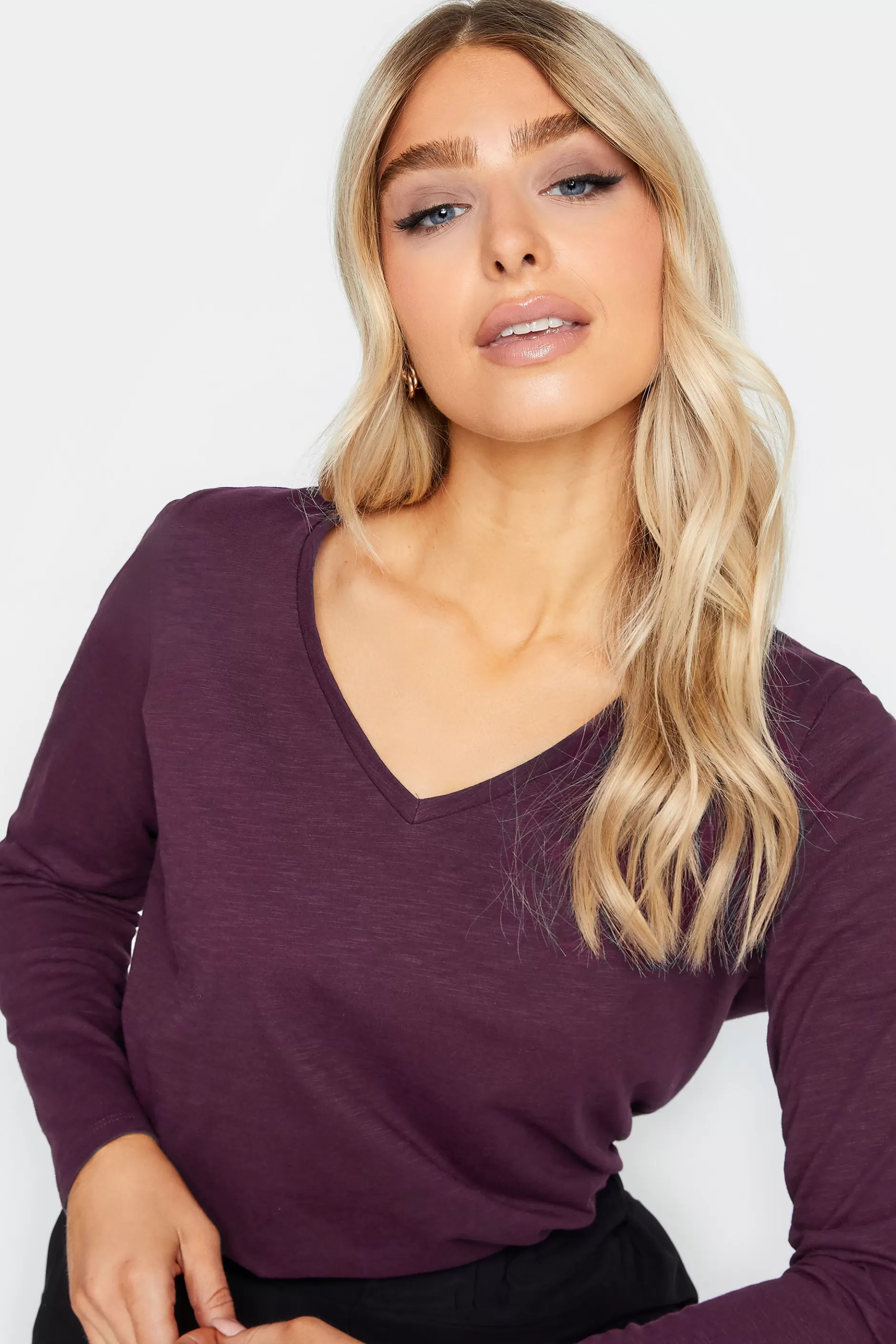 Women M&Co T-Shirts> Womens Purple V-Neck Long Sleeve Cotton Blend T-Shirt