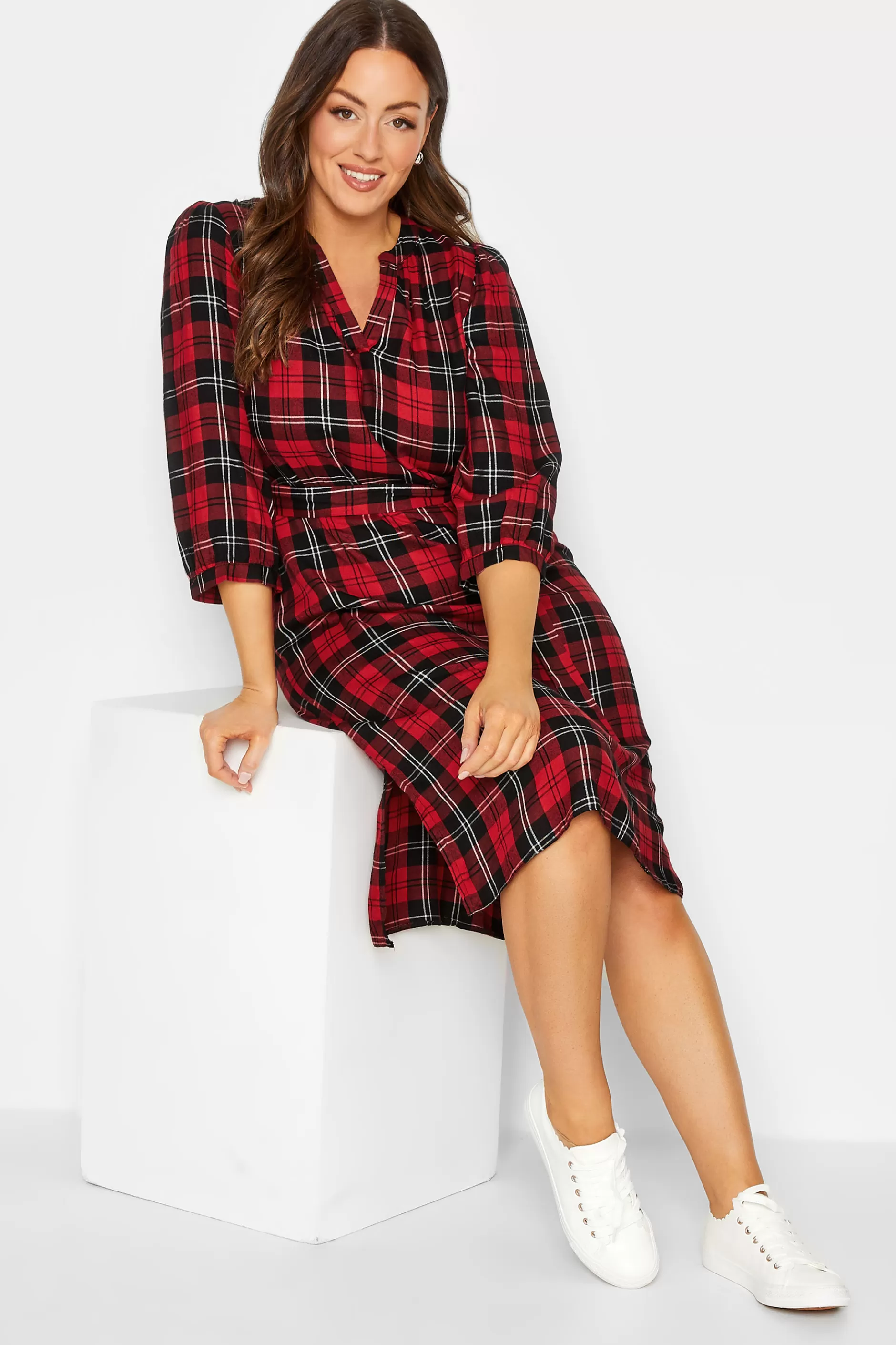 Women M&Co Shirt Dresses> Womens Red & Black Check Tie Waist Tunic Dress