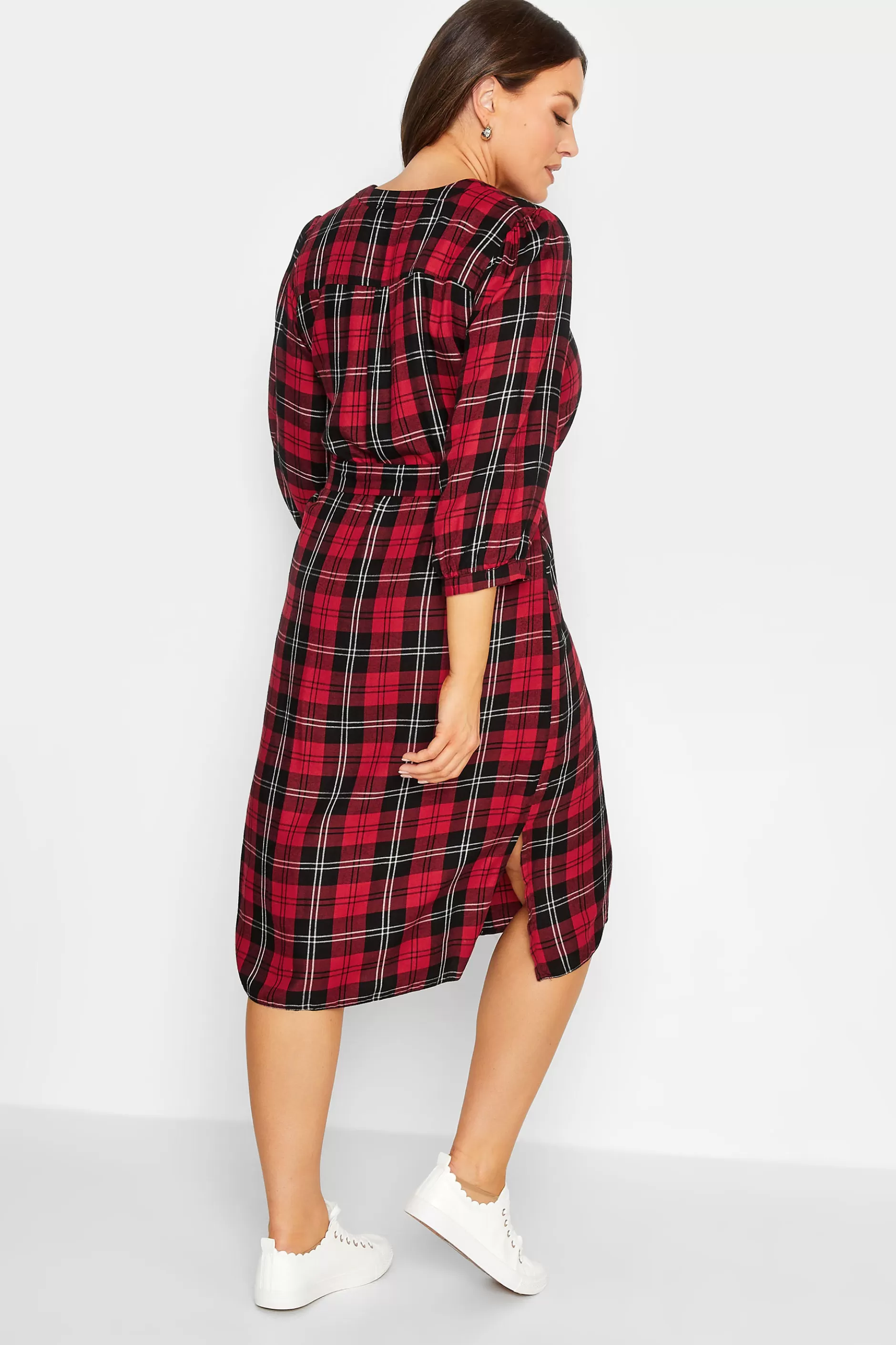 Women M&Co Shirt Dresses> Womens Red & Black Check Tie Waist Tunic Dress
