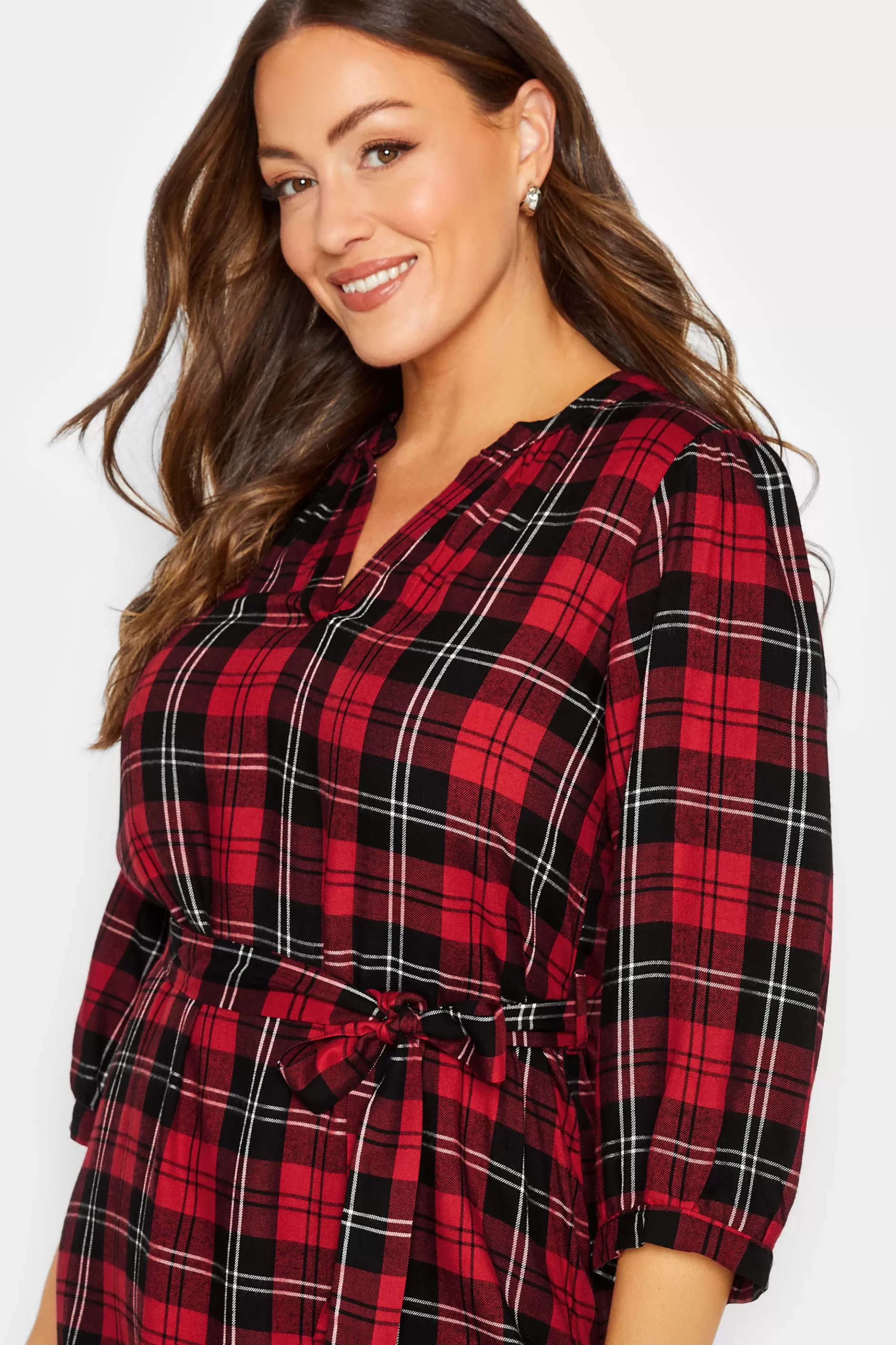 Women M&Co Shirt Dresses> Womens Red & Black Check Tie Waist Tunic Dress