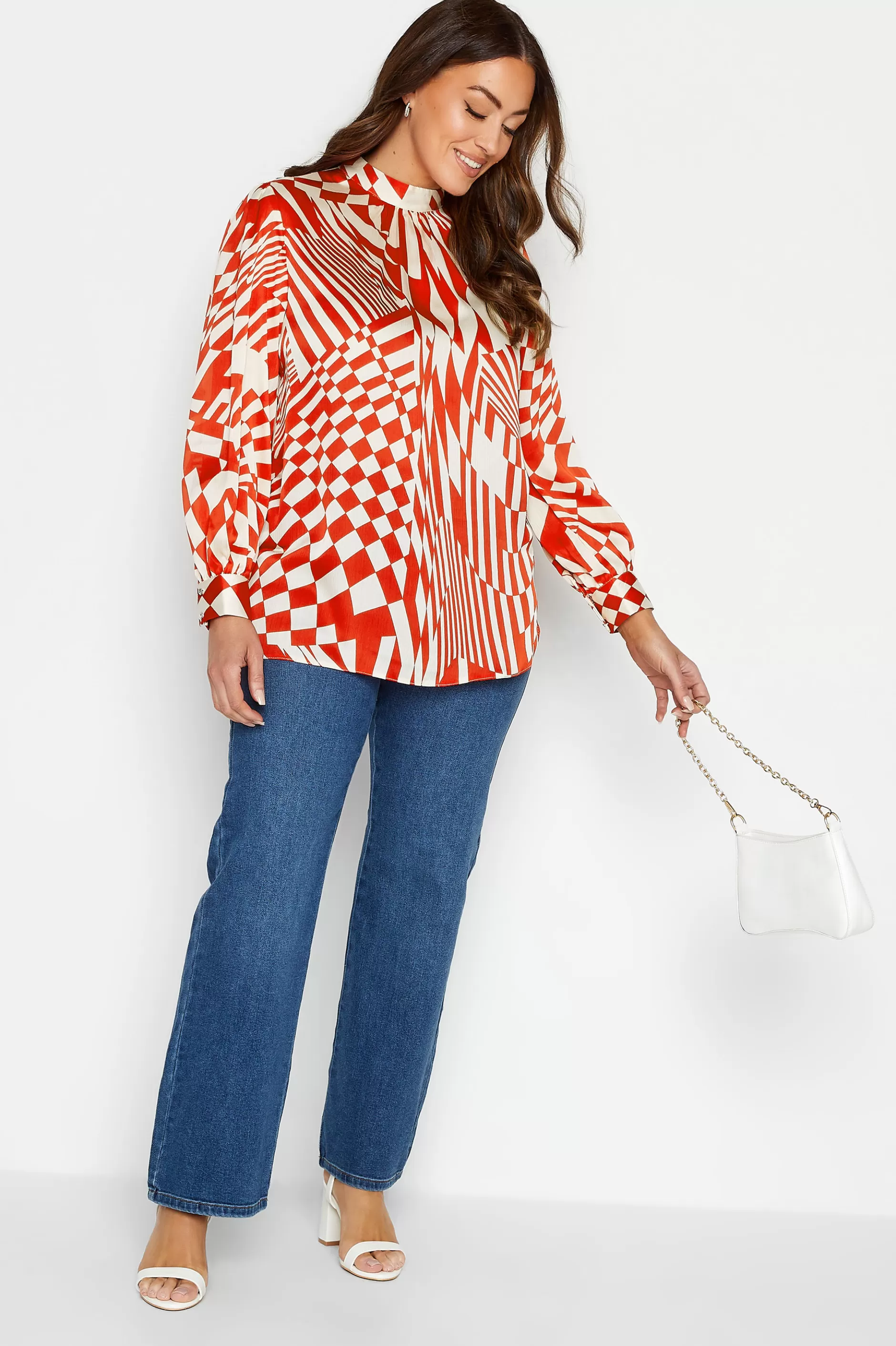 Women M&Co Long Sleeve Tops> Womens Red & White Abstract Print High Neck Satin Blouse
