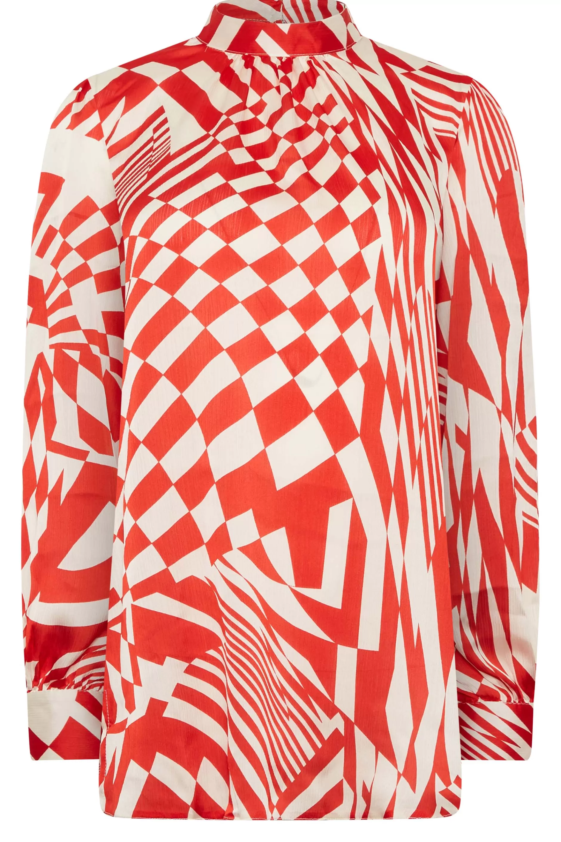Women M&Co Long Sleeve Tops> Womens Red & White Abstract Print High Neck Satin Blouse