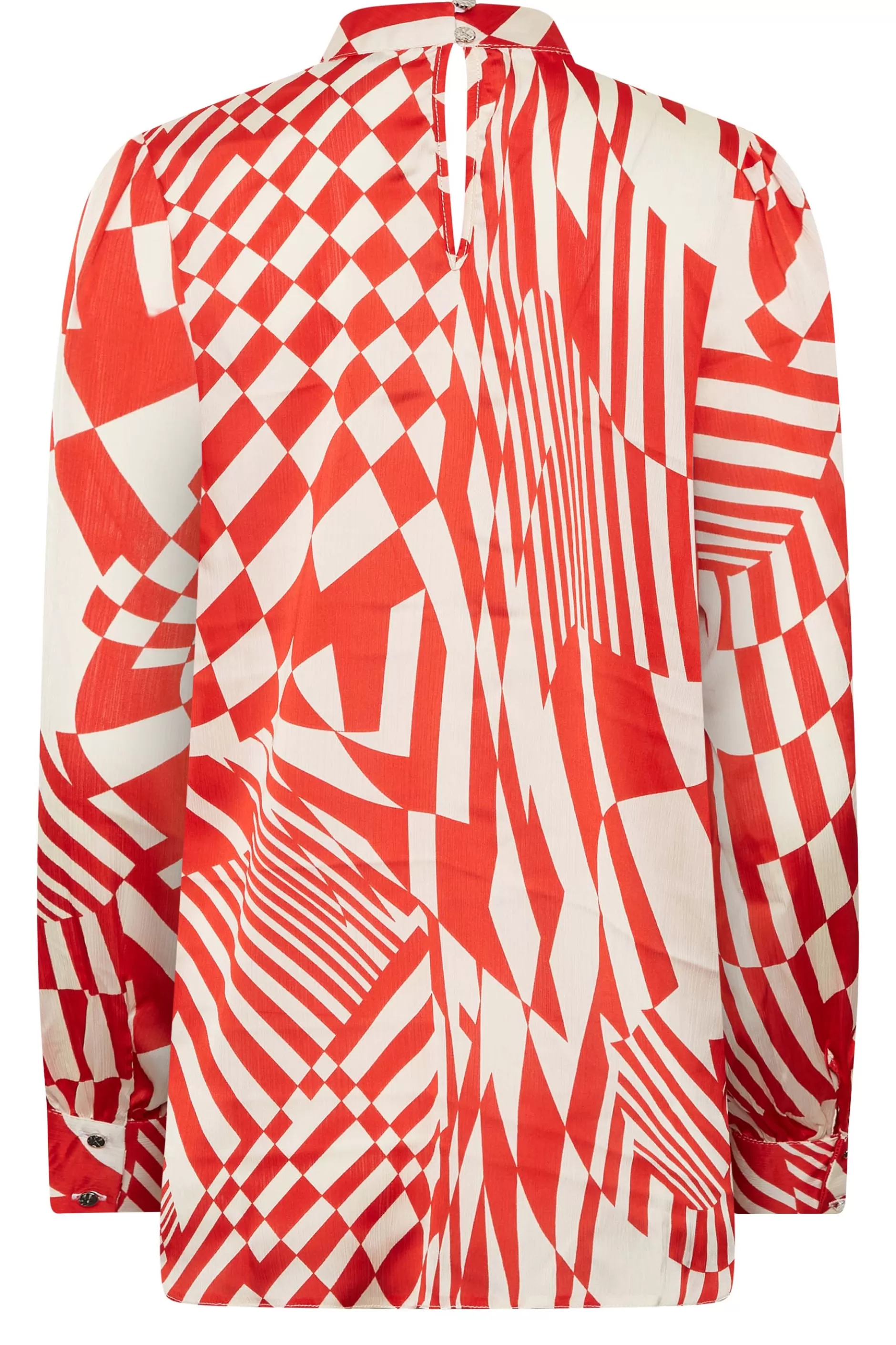 Women M&Co Long Sleeve Tops> Womens Red & White Abstract Print High Neck Satin Blouse