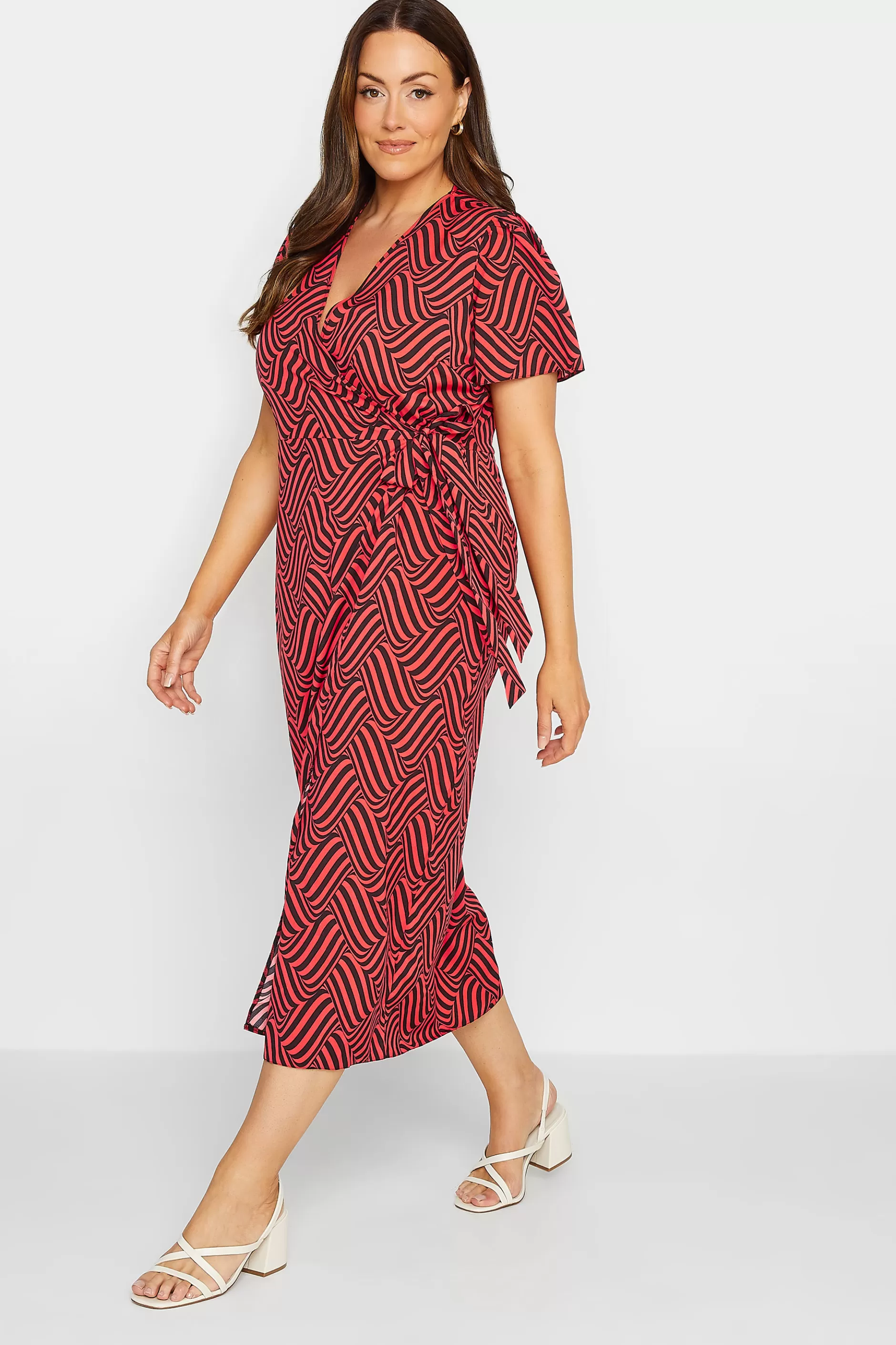 Women M&Co Midi Dresses> Womens Red Abstract Stripe Wrap Dress