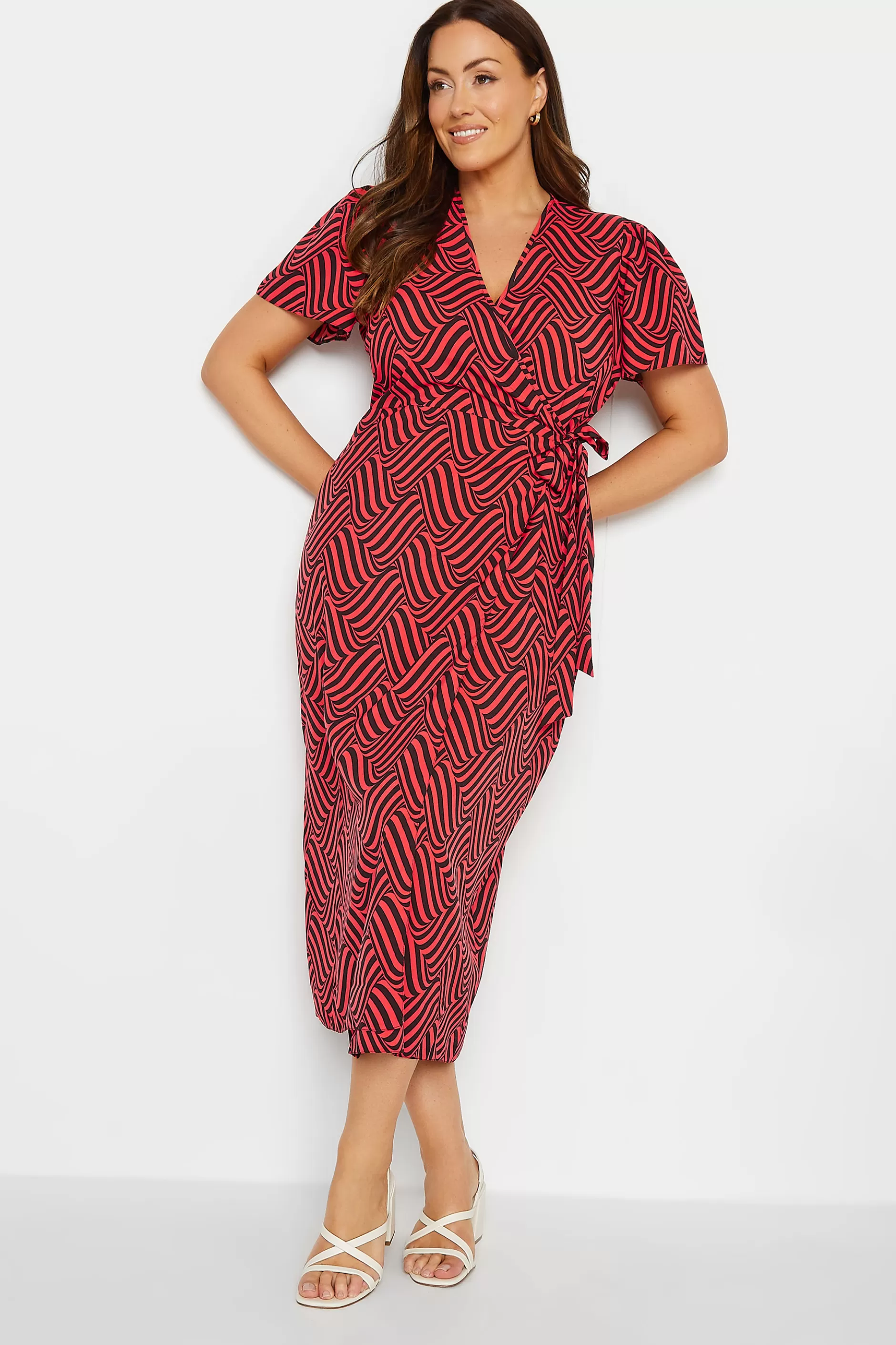 Women M&Co Midi Dresses> Womens Red Abstract Stripe Wrap Dress