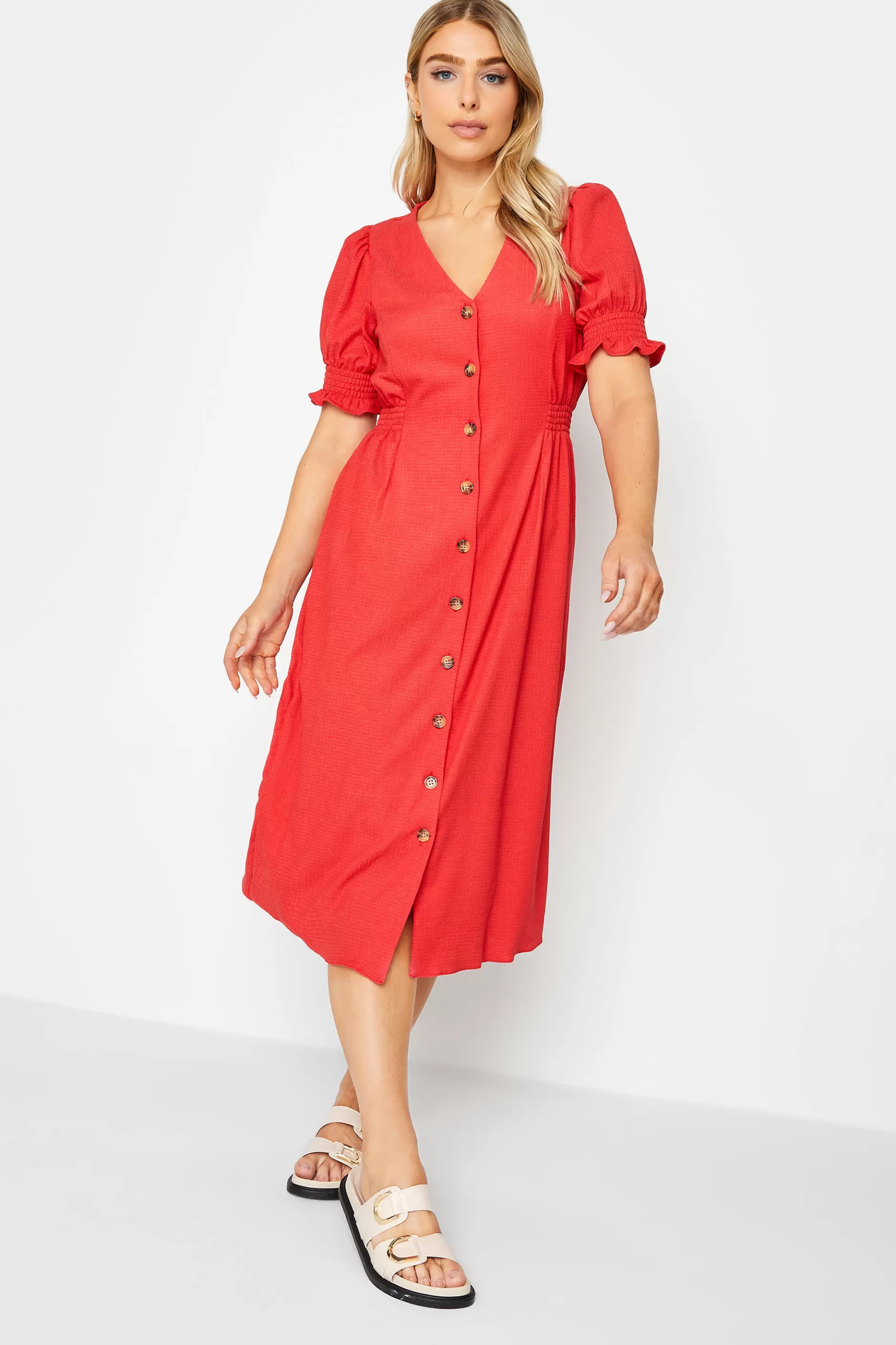 Women M&Co Midi Dresses> Womens Red Button Through Midi Dress