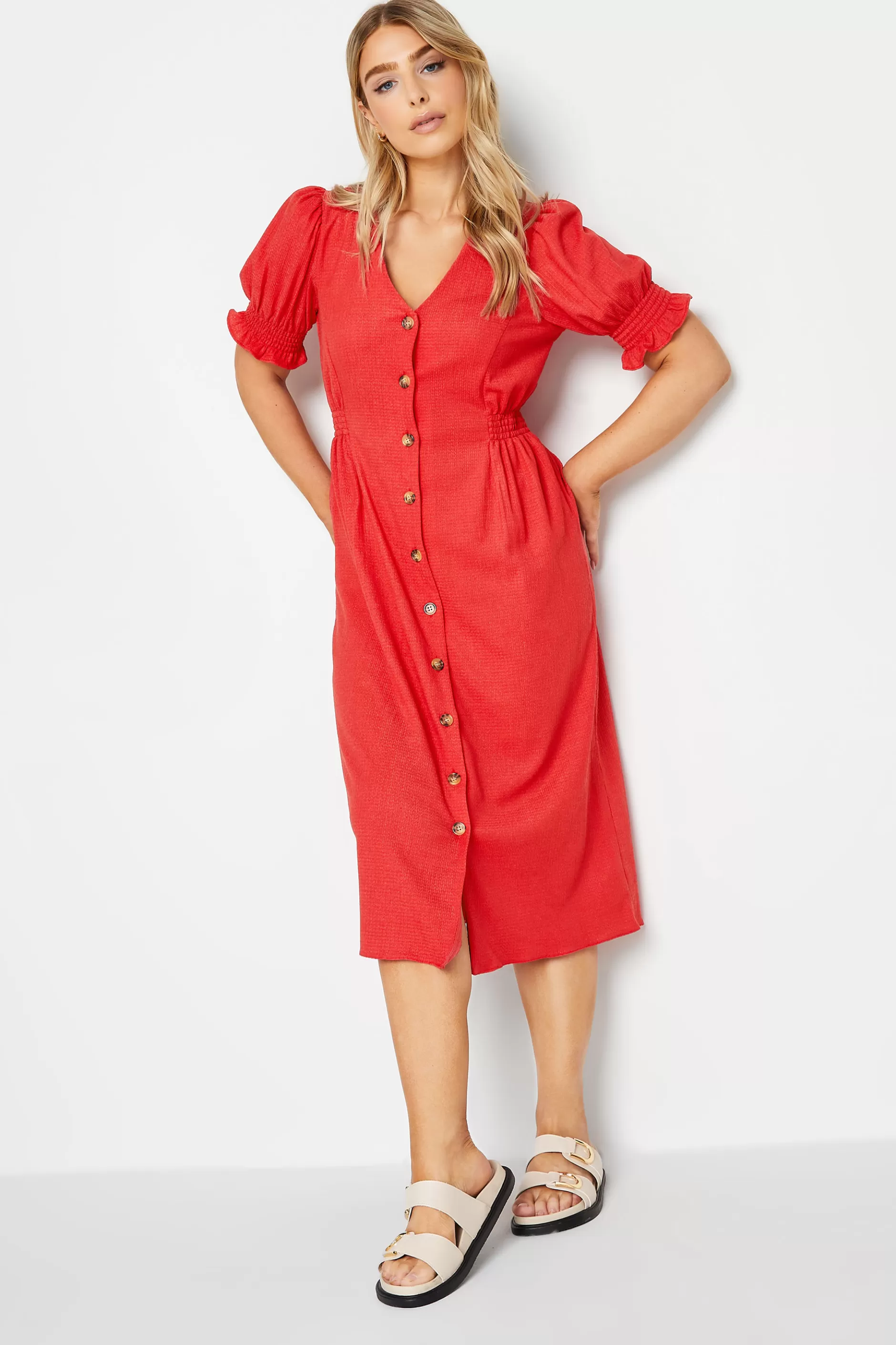 Women M&Co Midi Dresses> Womens Red Button Through Midi Dress