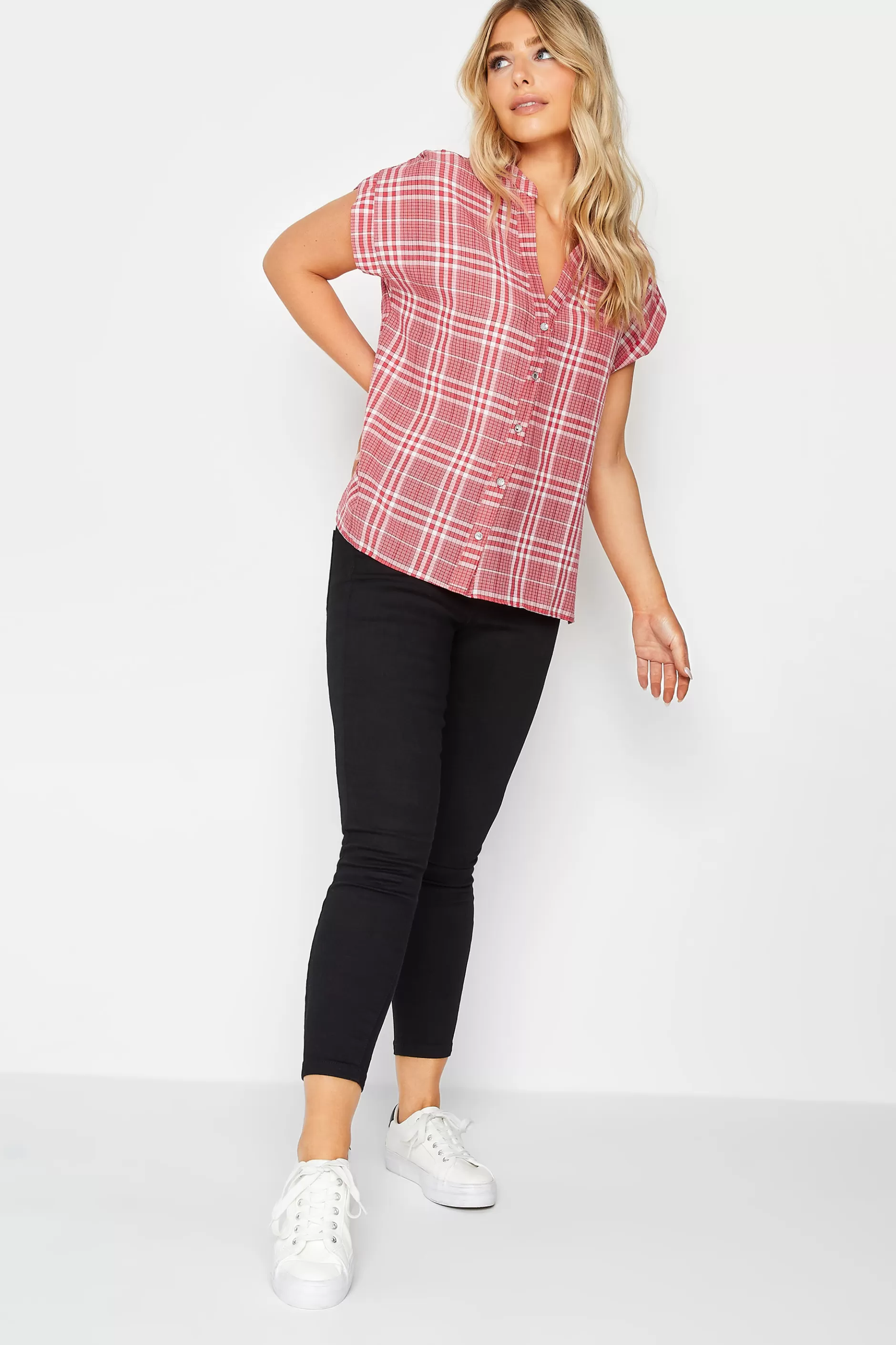 Women M&Co Short Sleeve Tops> Womens Red Check Print Shirt