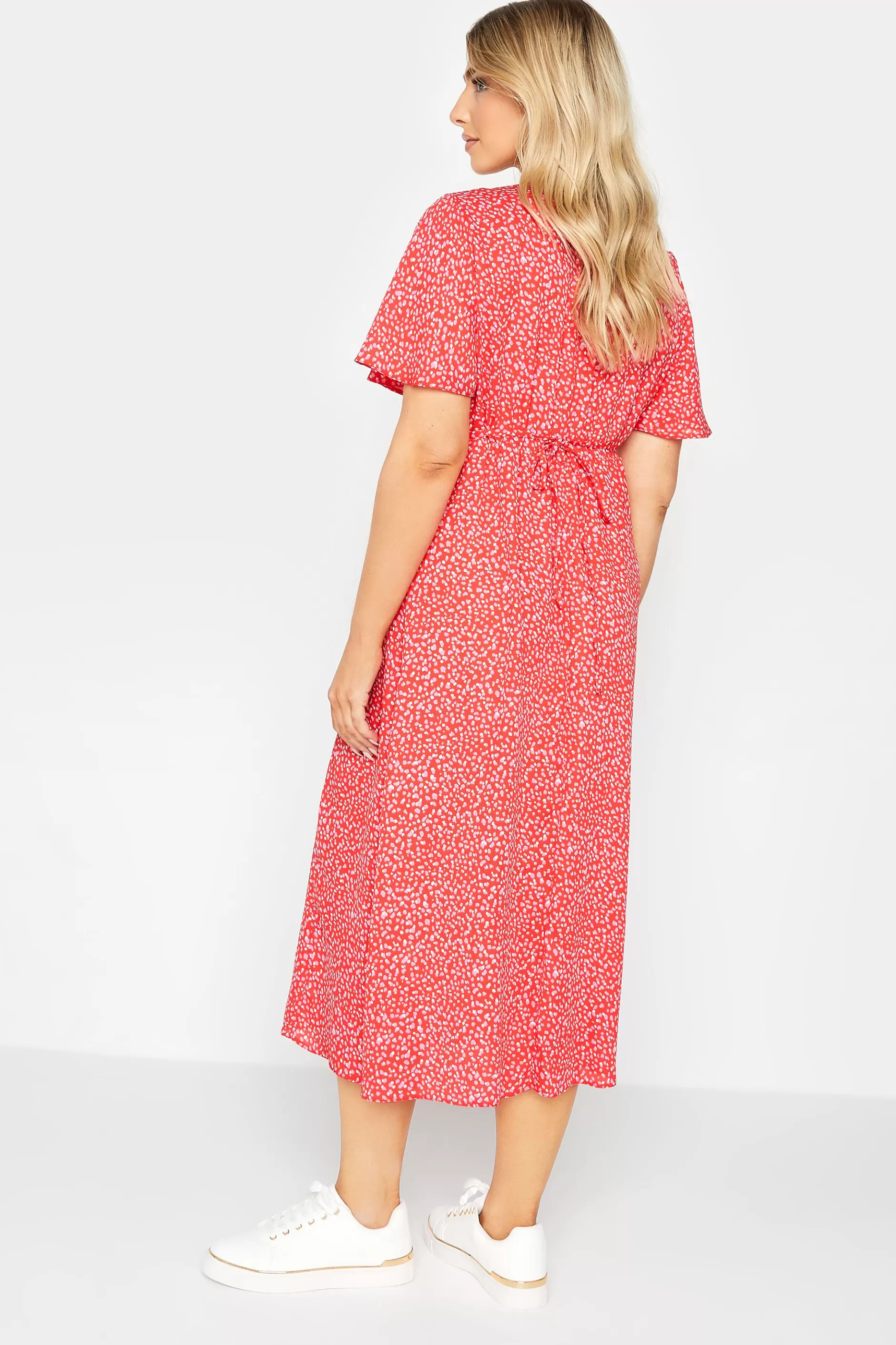 Women M&Co Midi Dresses> Womens Red Ditsy Spot Print Midi Button Through Tea Dress