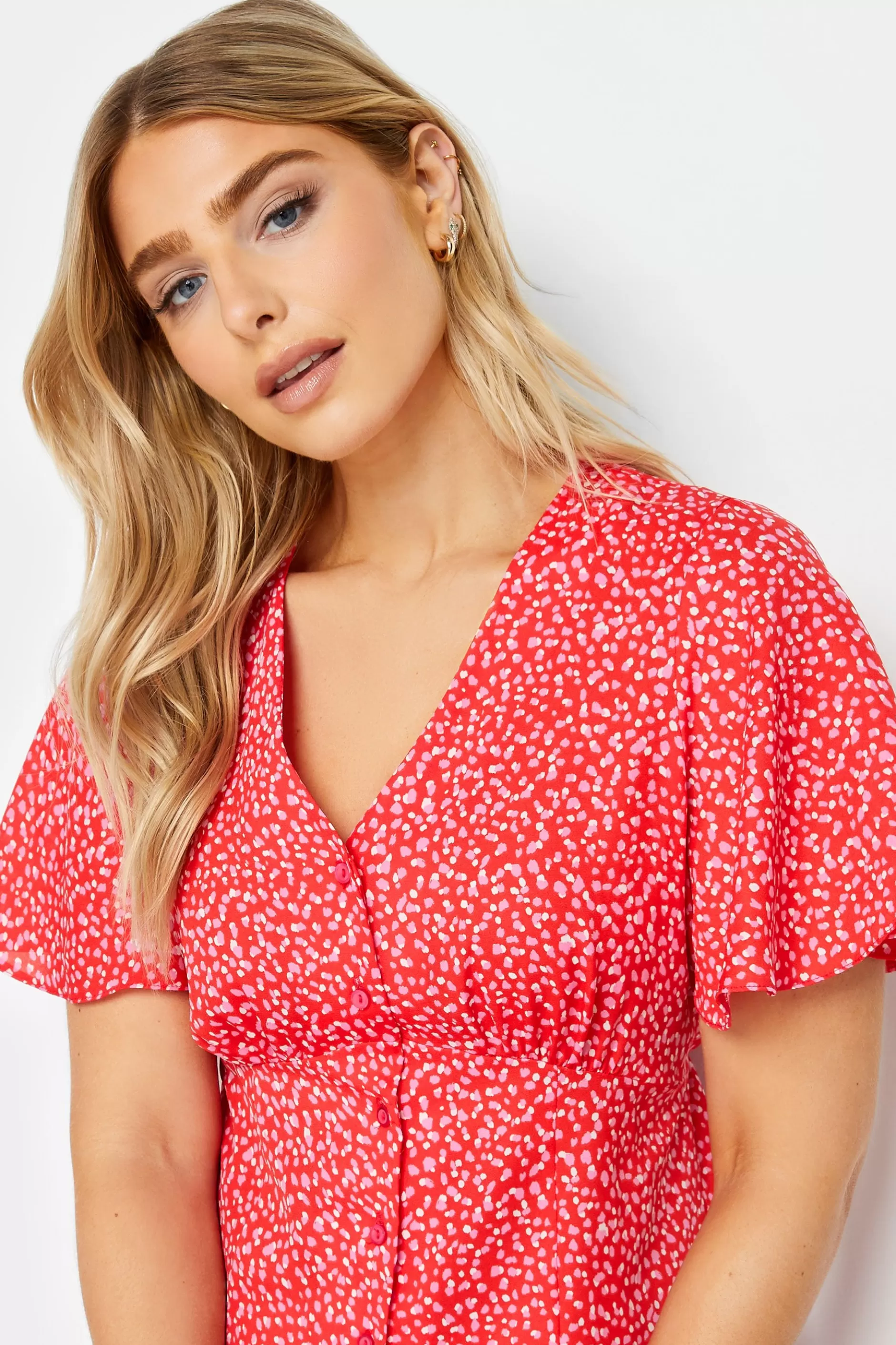 Women M&Co Midi Dresses> Womens Red Ditsy Spot Print Midi Button Through Tea Dress