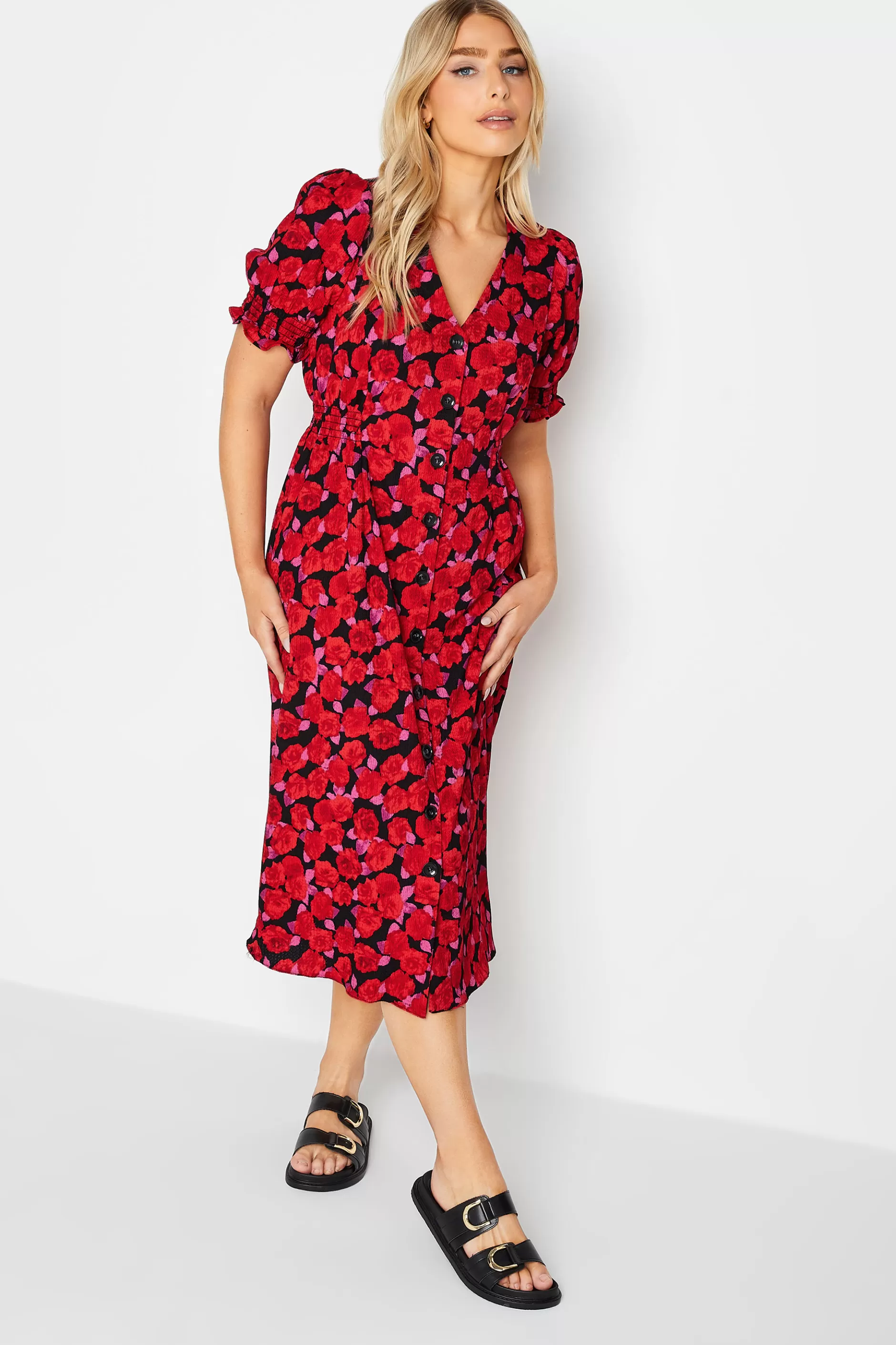 Women M&Co Wedding Guest Dresses> Womens Red Floral Print Button Through Dress
