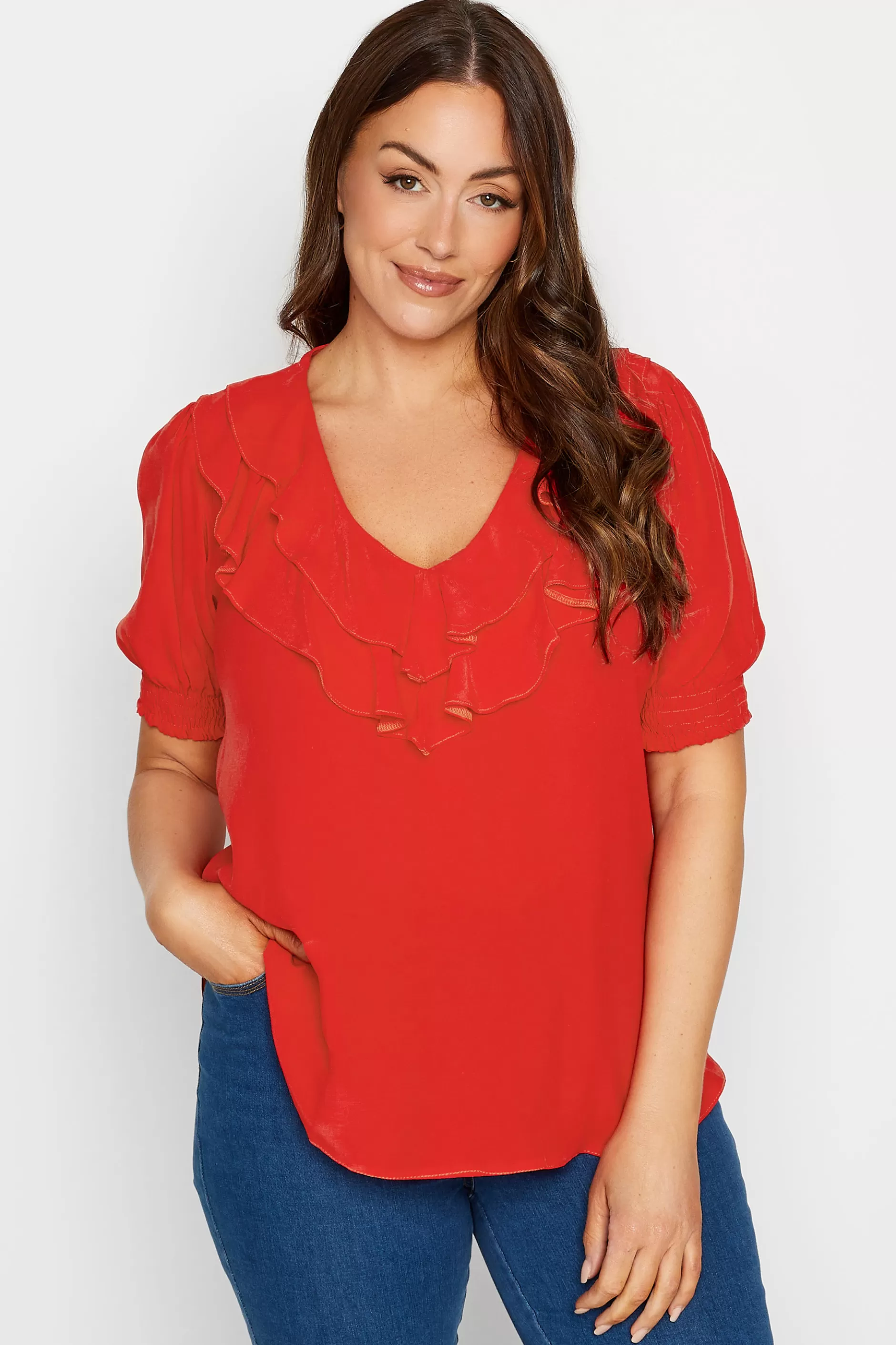 Women M&Co Short Sleeve Tops> Womens Red Frill Front Blouse