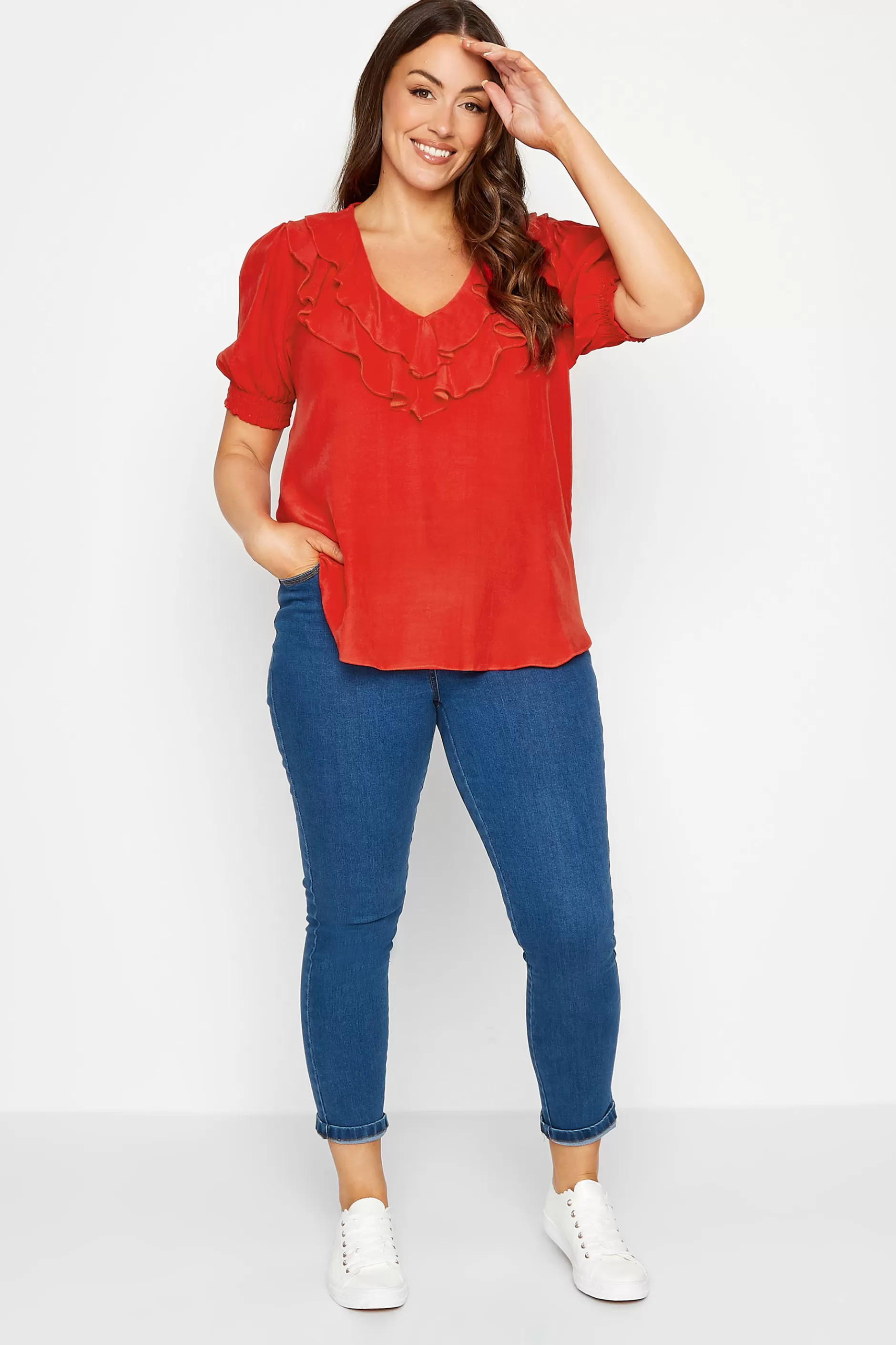 Women M&Co Short Sleeve Tops> Womens Red Frill Front Blouse