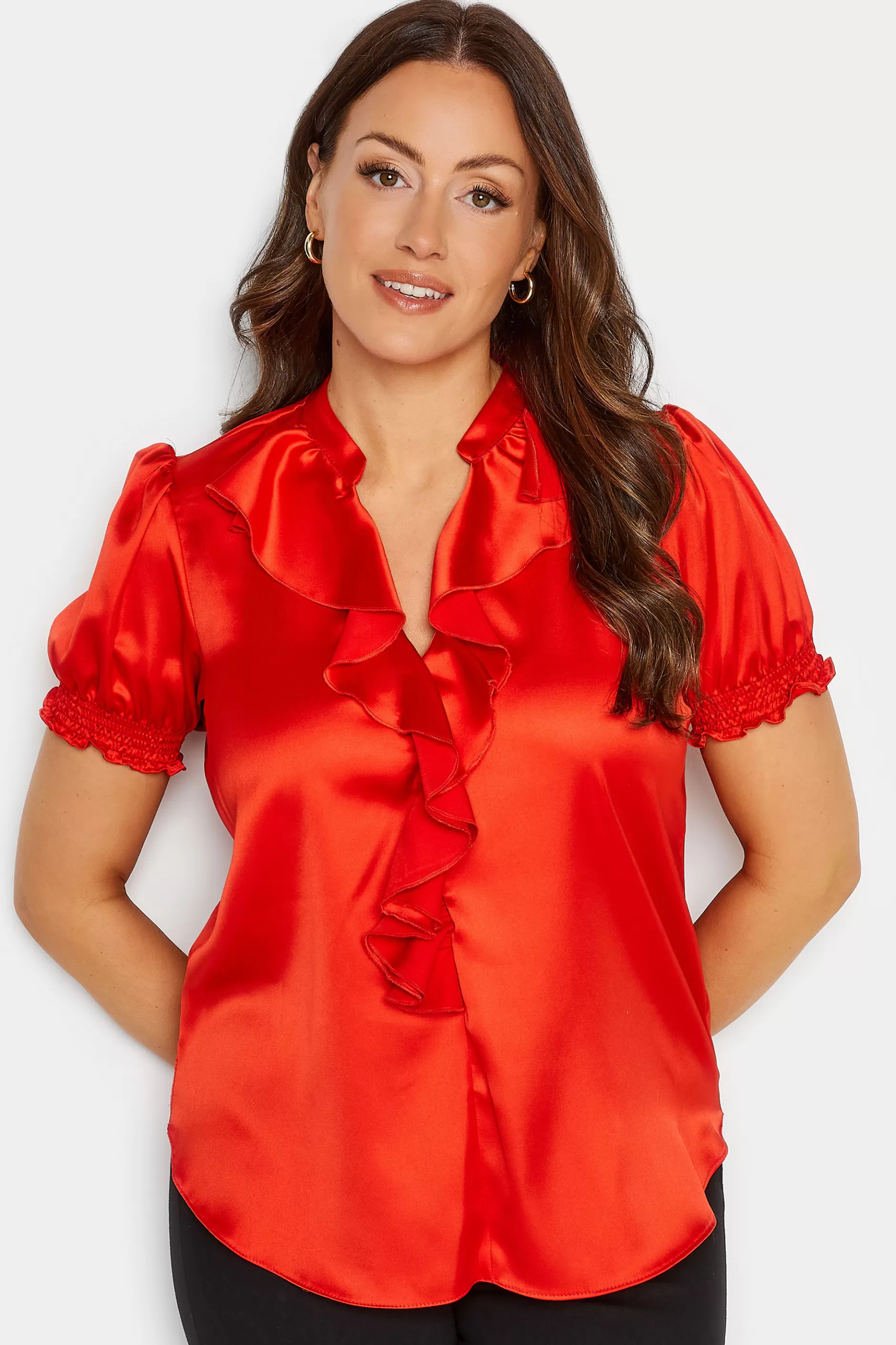 Women M&Co Short Sleeve Tops> Womens Red Frill Satin Blouse