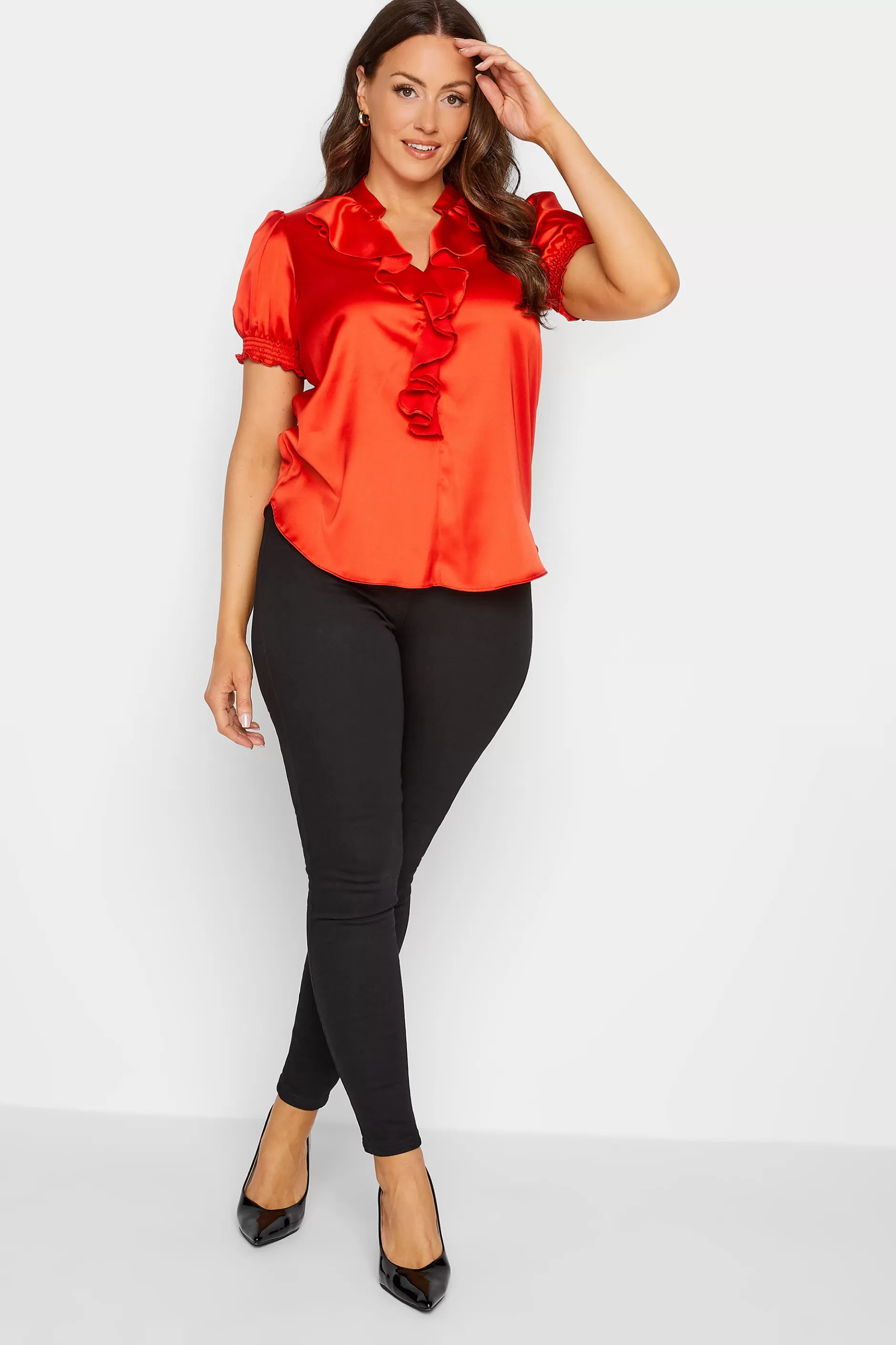 Women M&Co Short Sleeve Tops> Womens Red Frill Satin Blouse